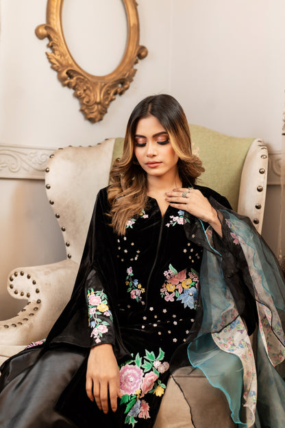 Floral Embroidery On Velvet Kurti