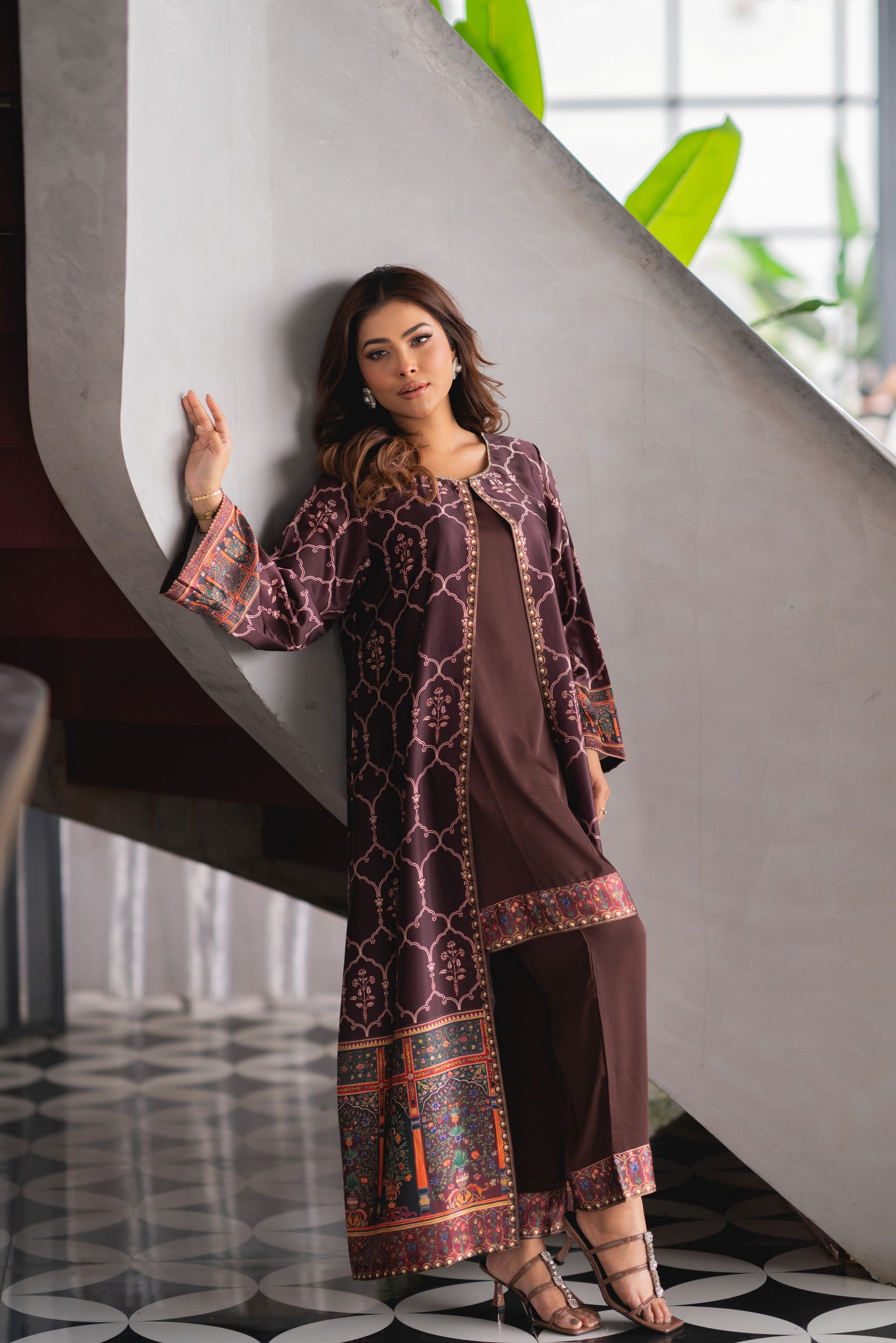 Royal Mocha Printed Shrug Set
