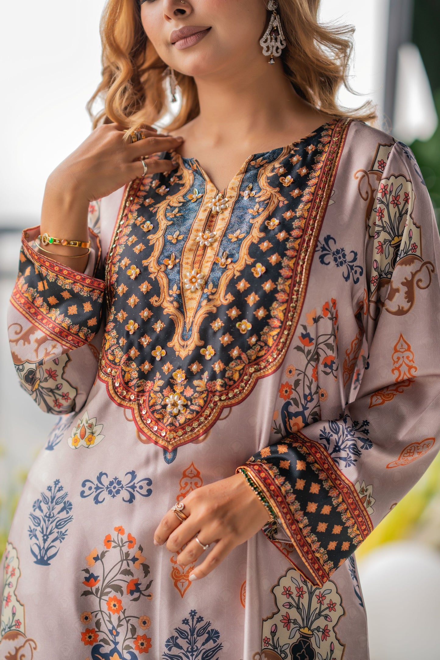 Blush Regal Motif Long Kameez & Pant Set