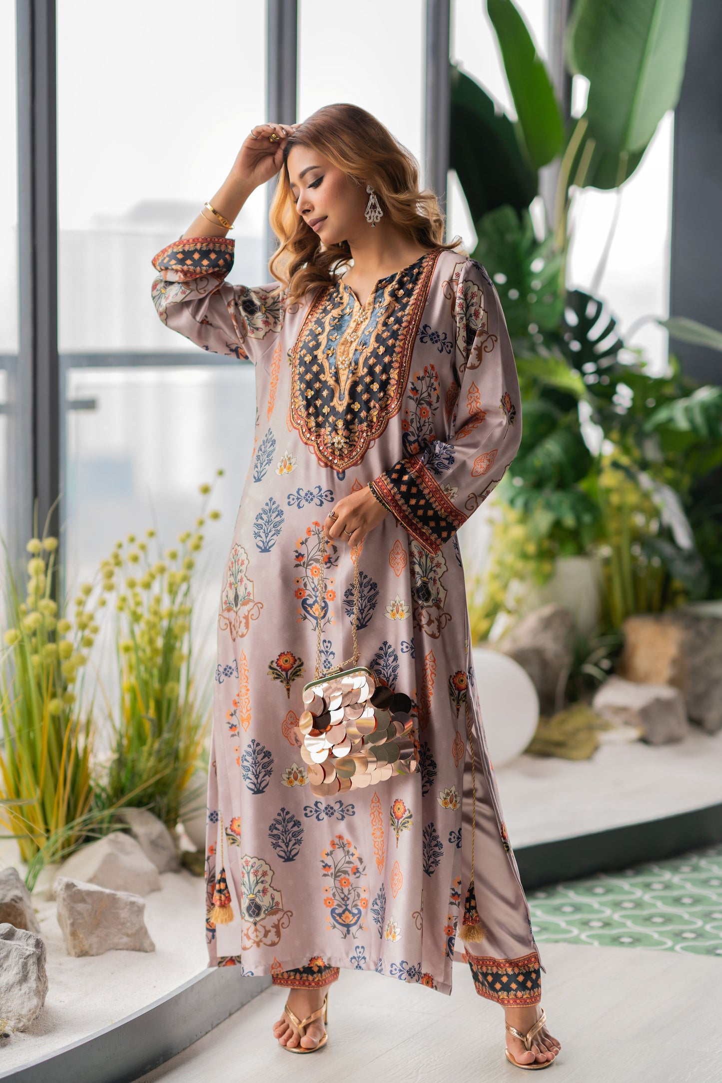 Blush Regal Motif Long Kameez & Pant Set