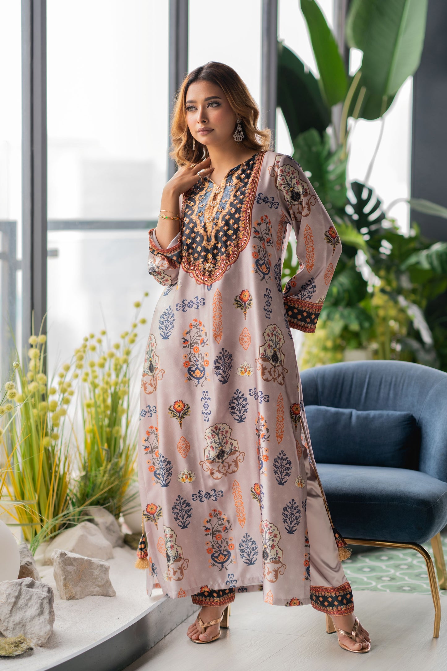 Blush Regal Motif Long Kameez & Pant Set