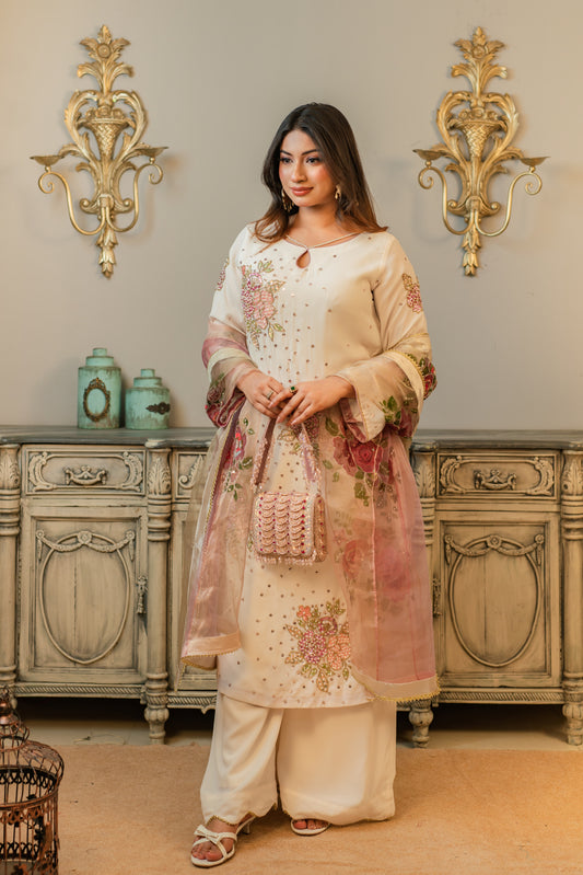 Ivory Floral Karchupi Kurti Set