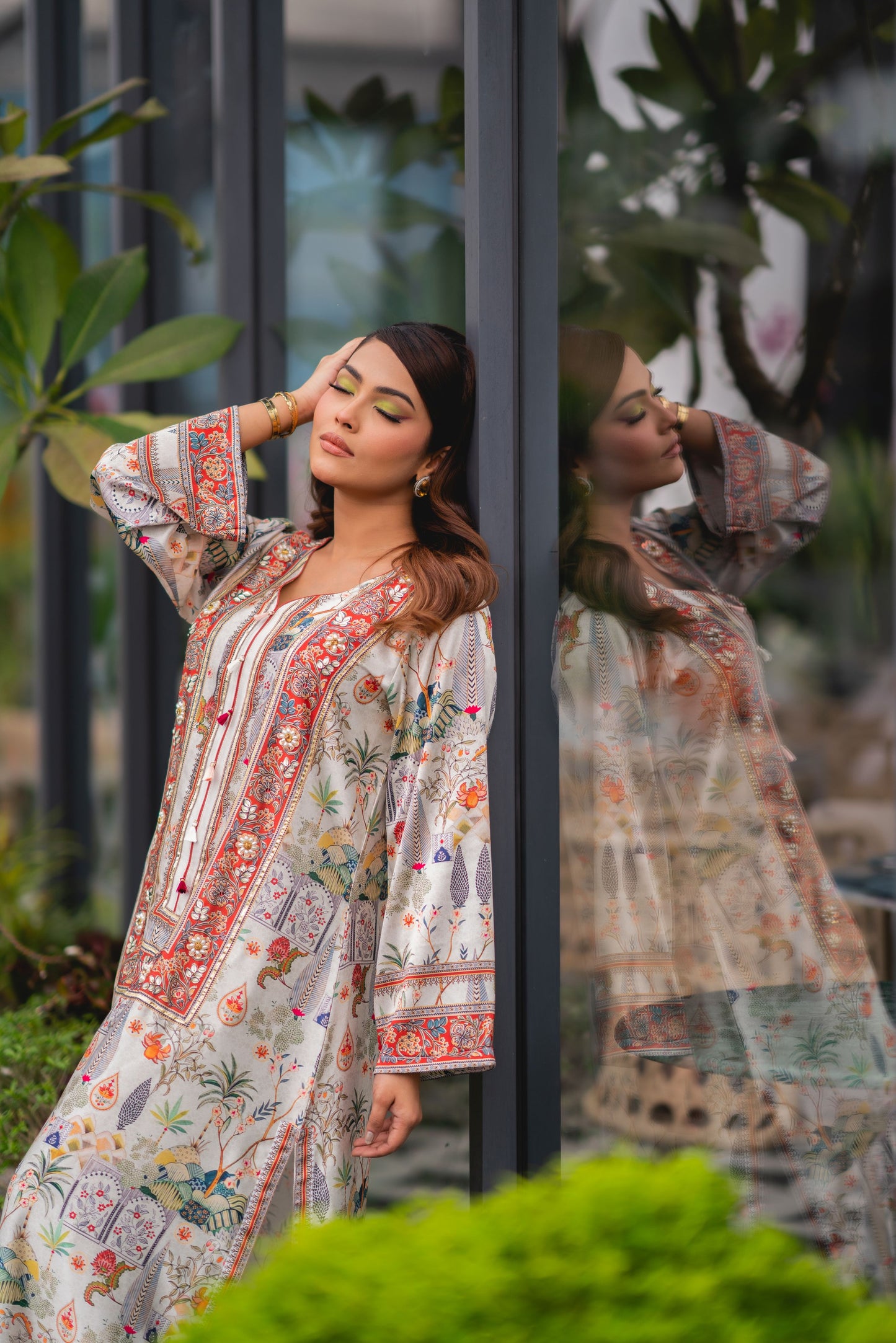 Elegant Ivory Botanical Printed Long Kameez & Pant Set