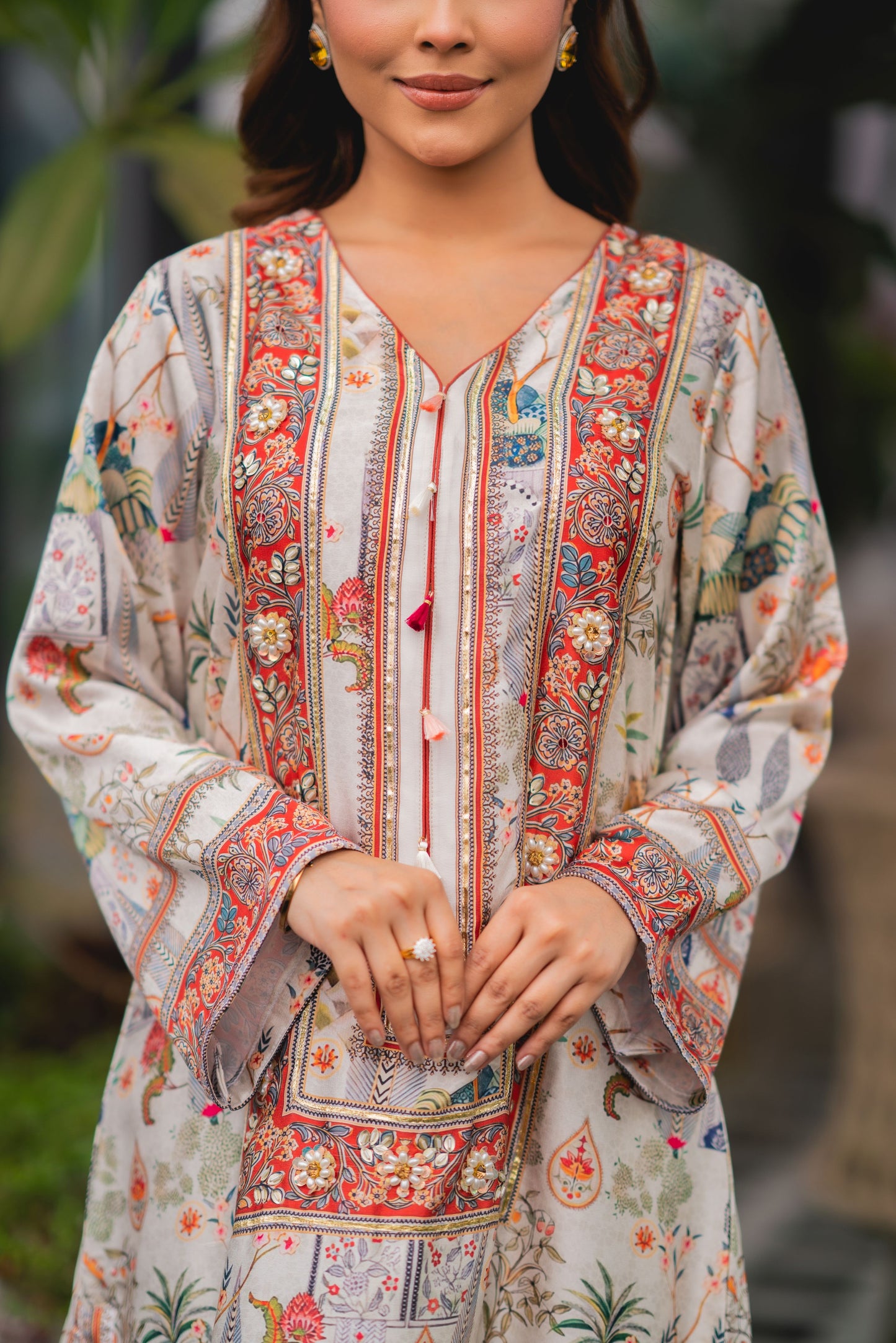 Elegant Ivory Botanical Printed Long Kameez & Pant Set