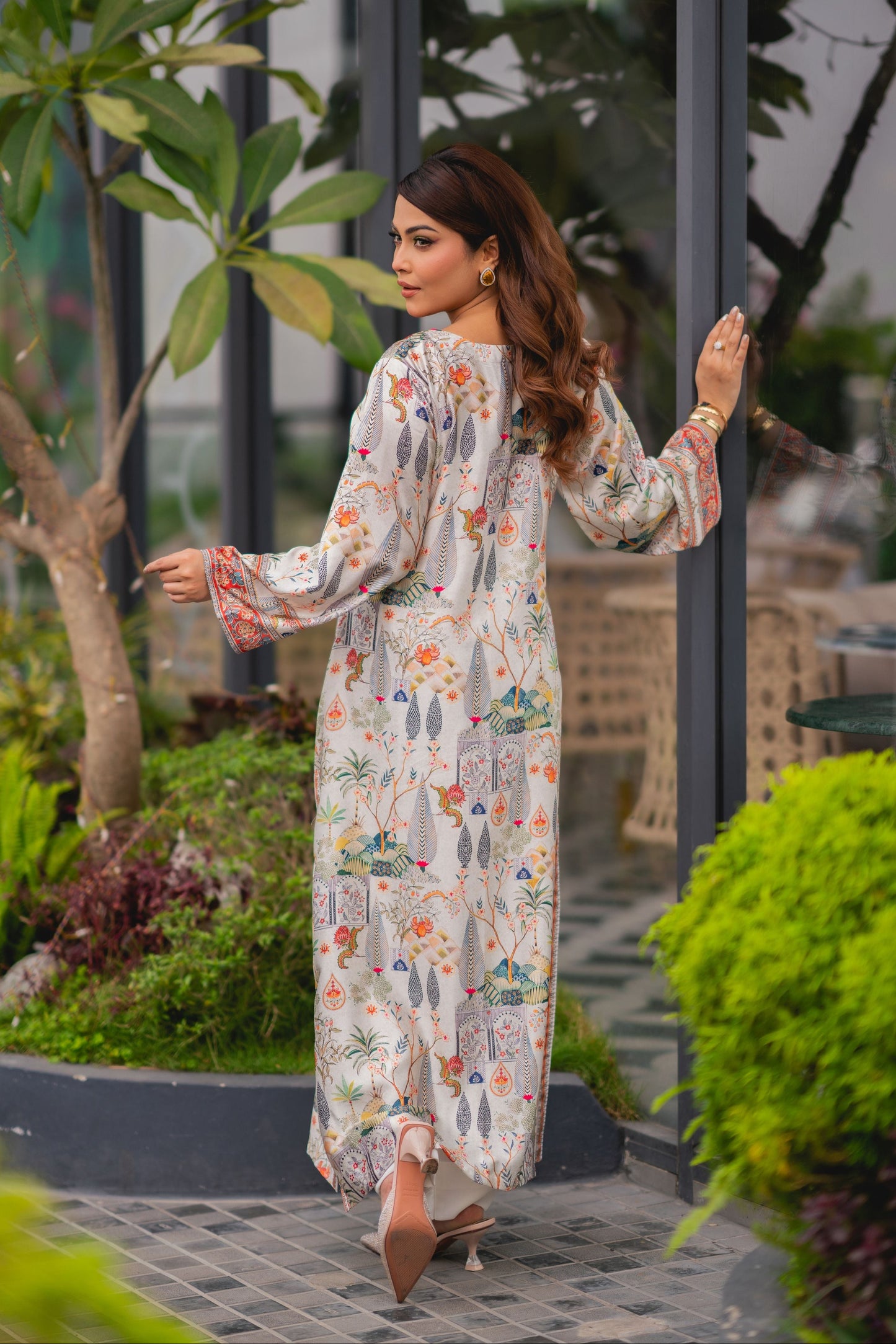 Elegant Ivory Botanical Printed Long Kameez & Pant Set