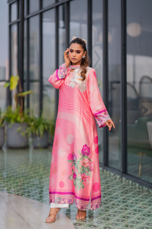 Rosé Blossom Printed Long Kameez & Pant Set