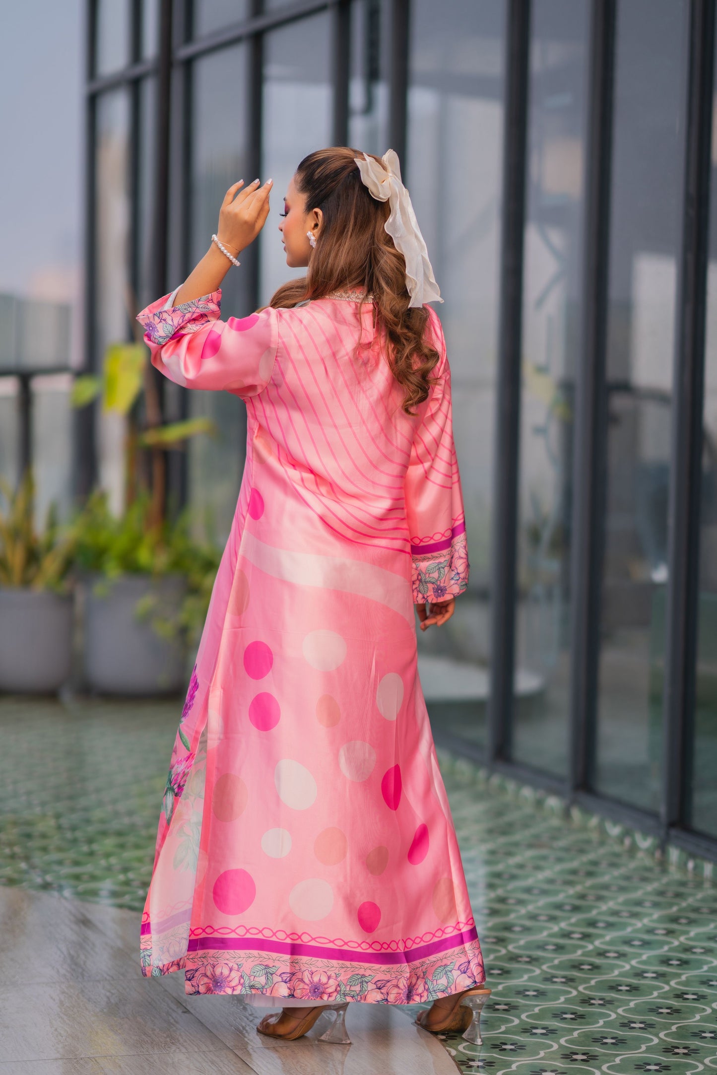 Rosé Blossom Printed Long Kameez & Pant Set