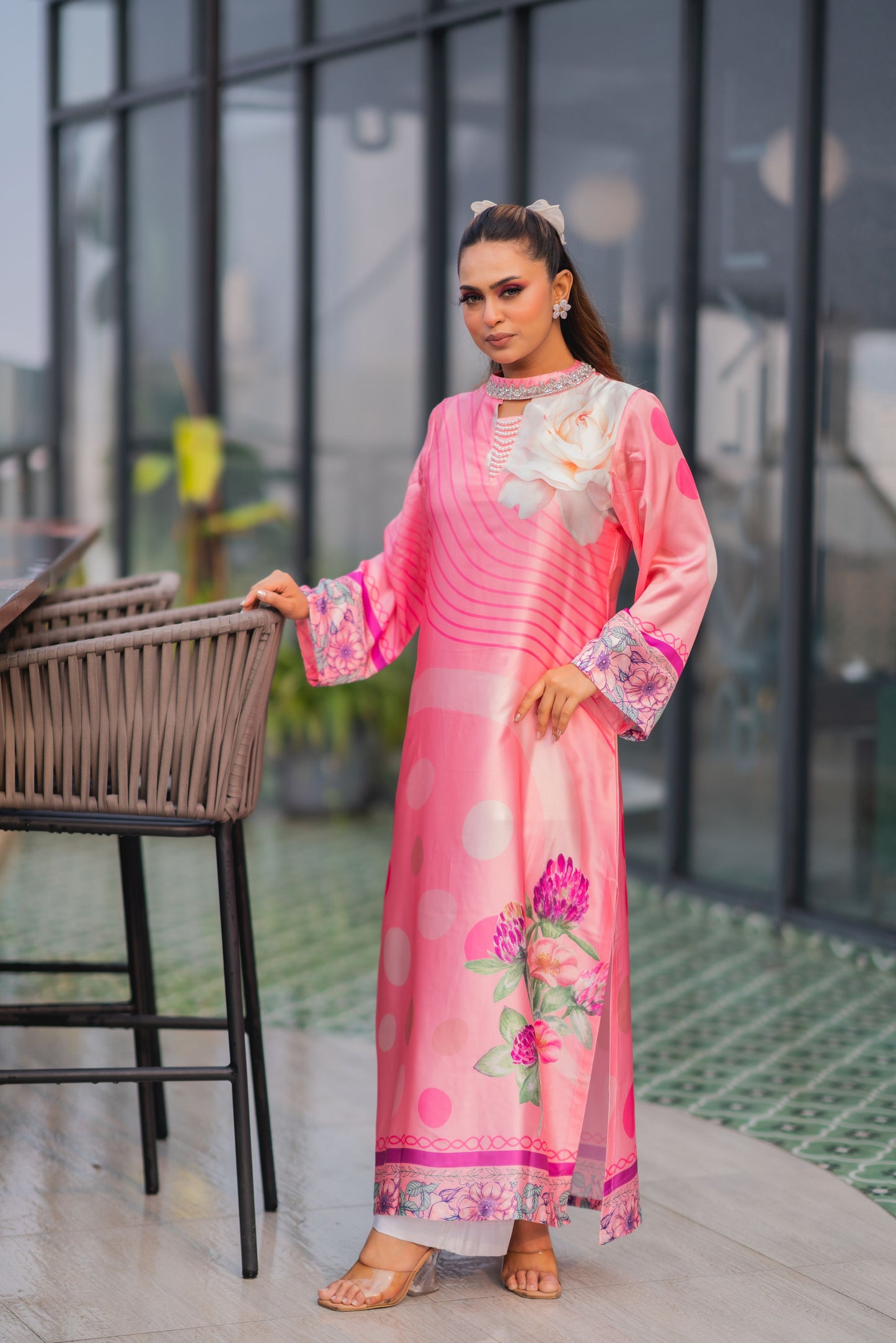 Rosé Blossom Printed Long Kameez & Pant Set