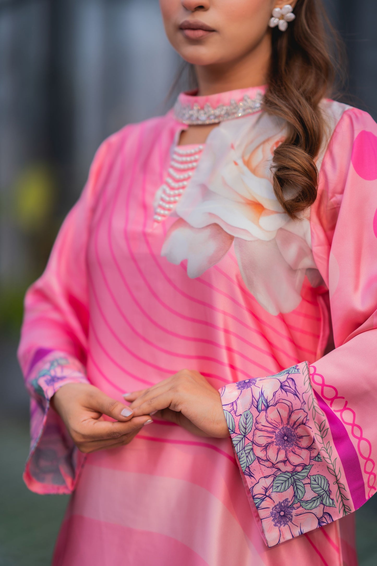 Rosé Blossom Printed Long Kameez & Pant Set