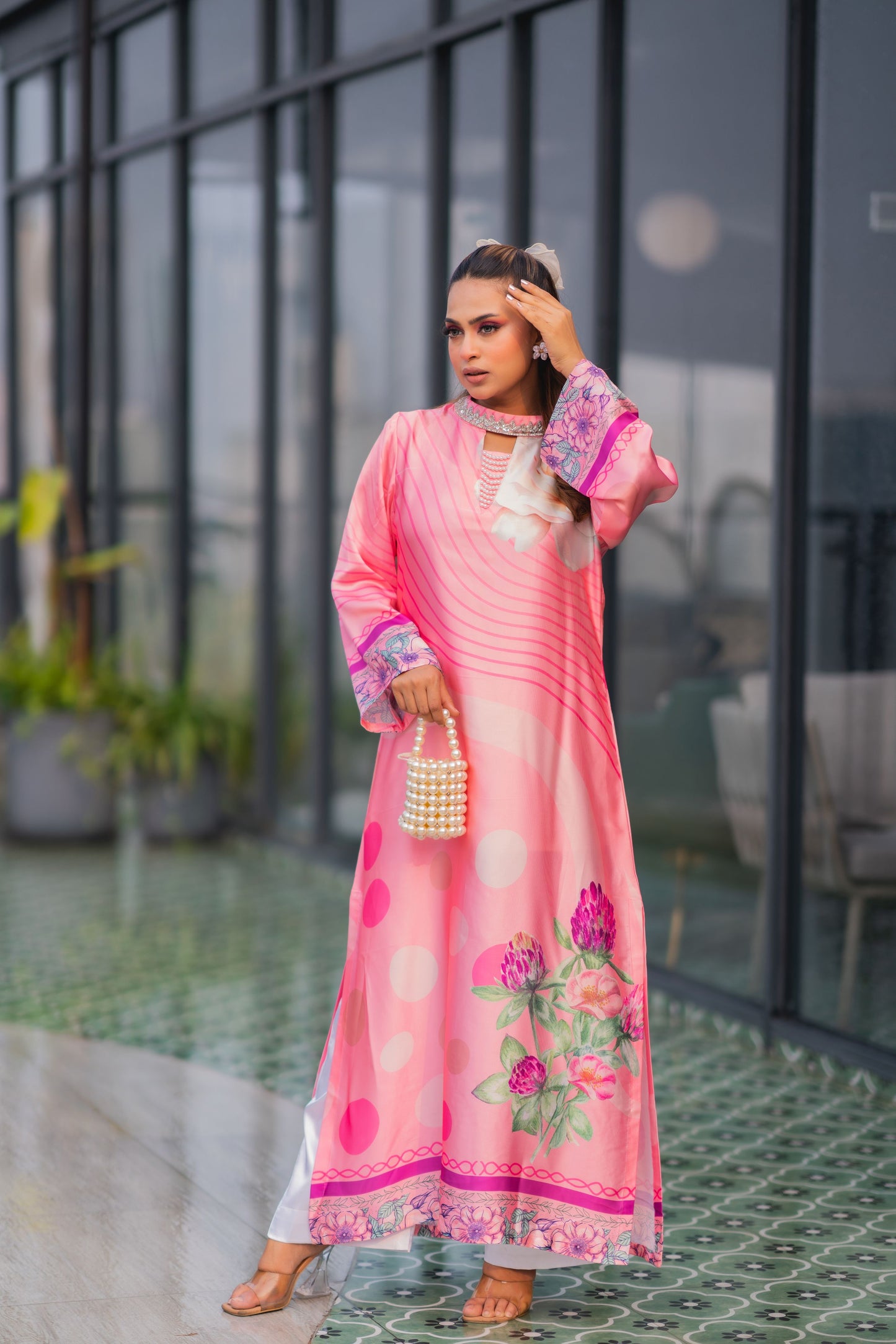 Rosé Blossom Printed Long Kameez & Pant Set