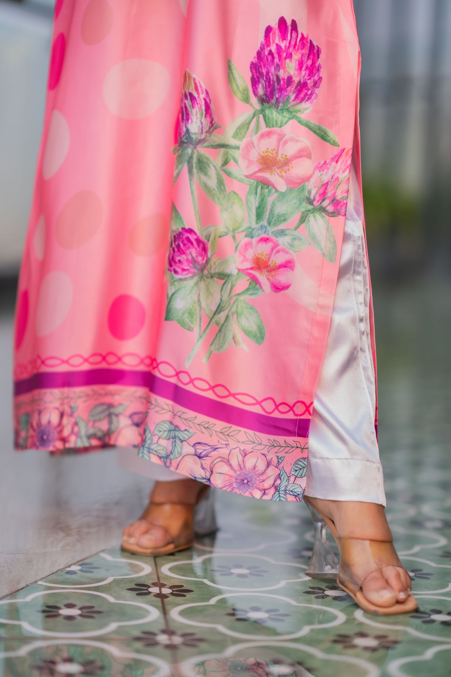 Rosé Blossom Printed Long Kameez & Pant Set