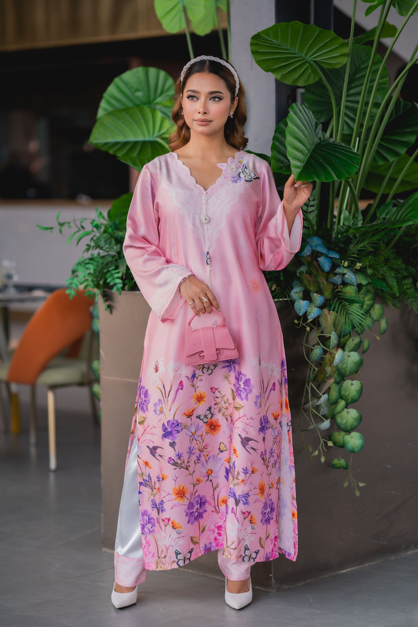 Blush Pink Floral Printed Luxury  Long Kameez And Pant