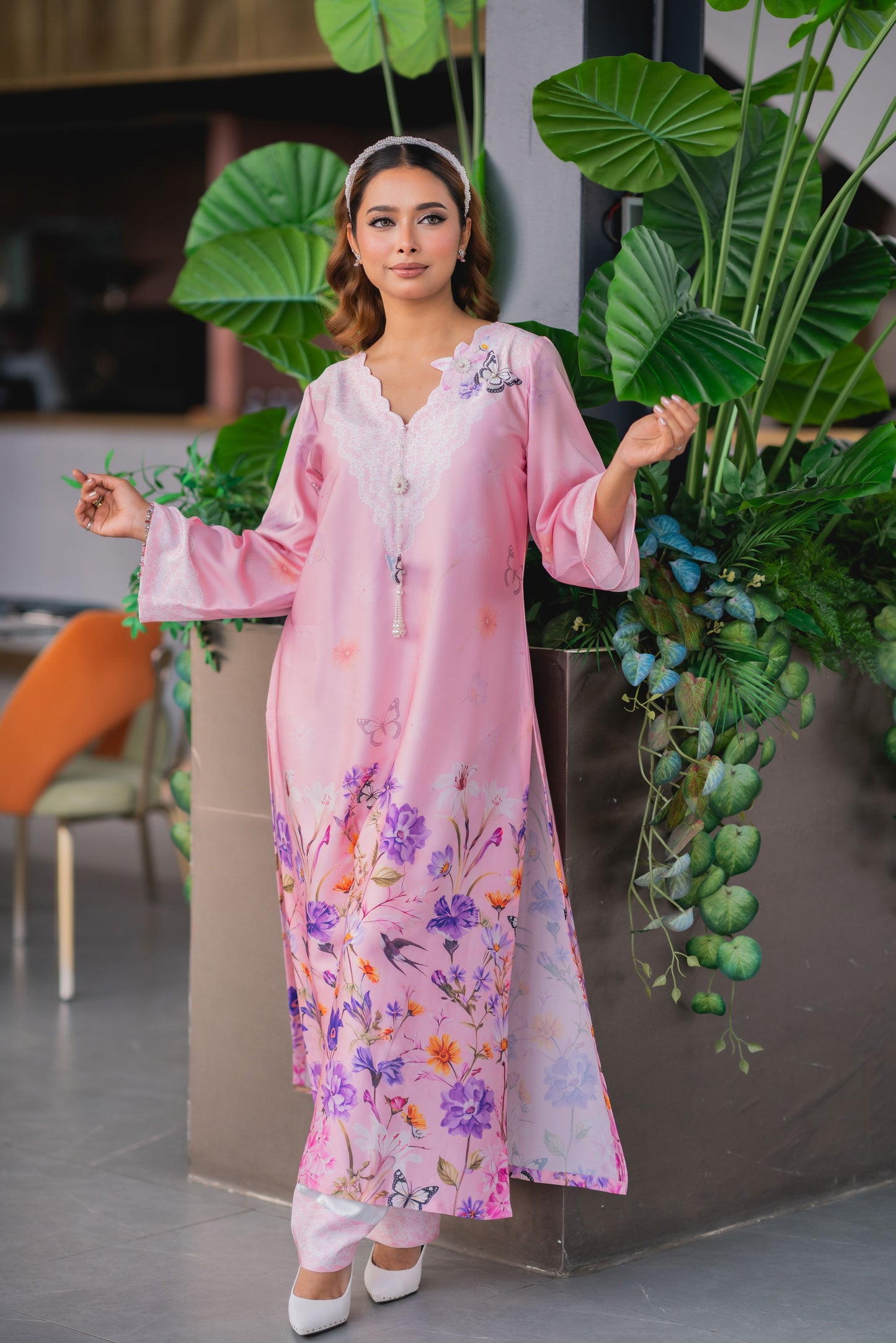 Blush Pink Floral Printed Luxury  Long Kameez And Pant