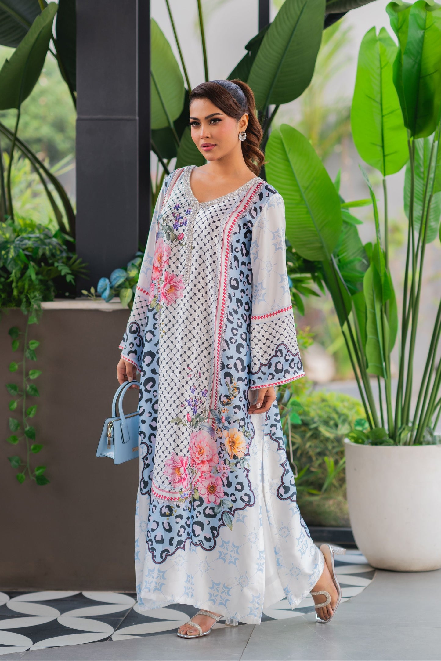 Ice Blue Floral Fusion  Long Kameez And Pant Set