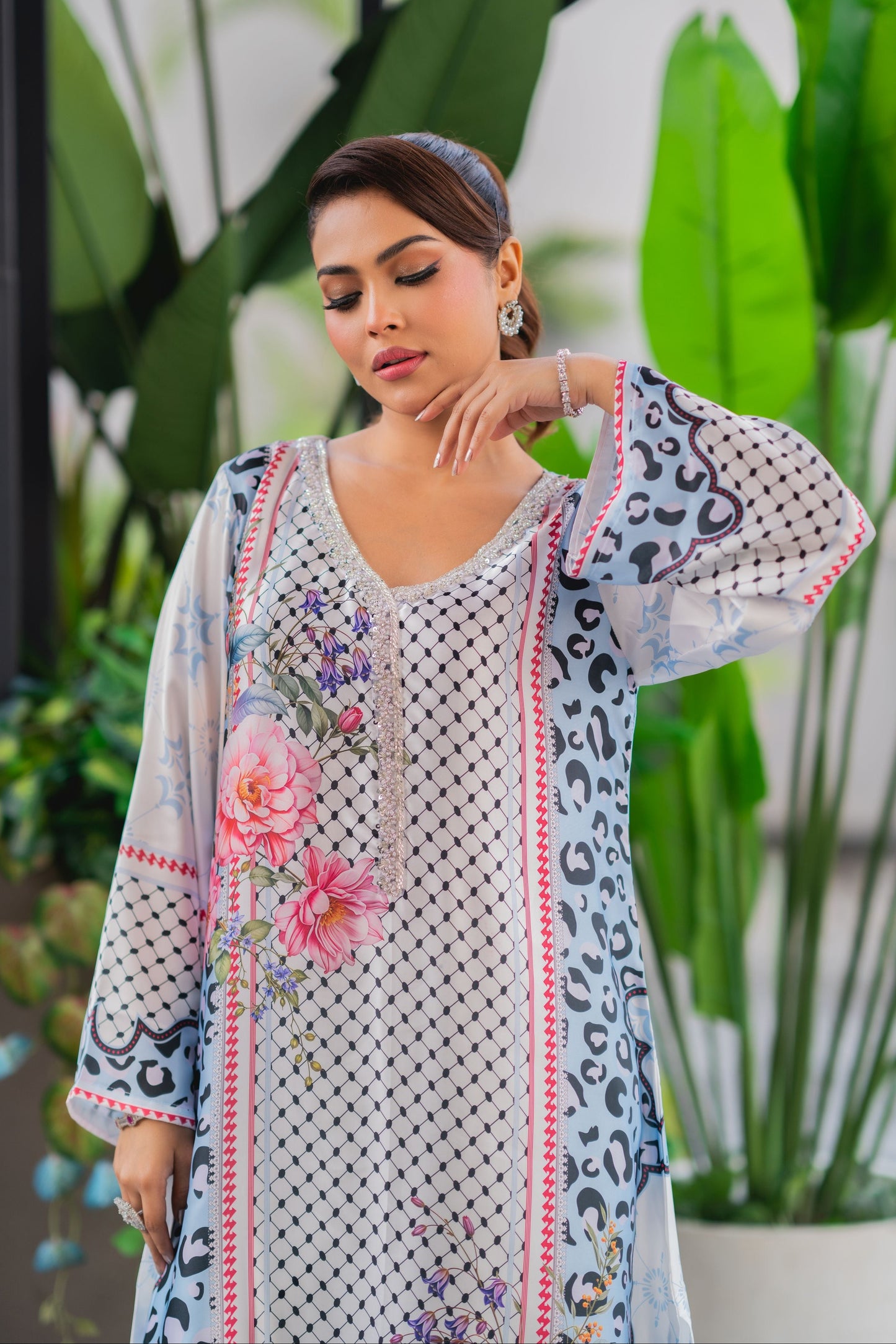 Ice Blue Floral Fusion  Long Kameez And Pant Set