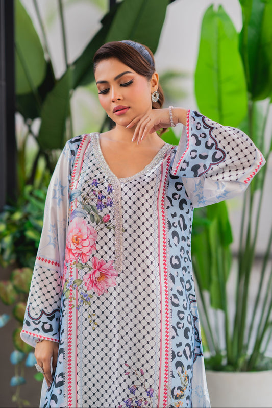Ice Blue Floral Fusion  Long Kameez And Pant Set