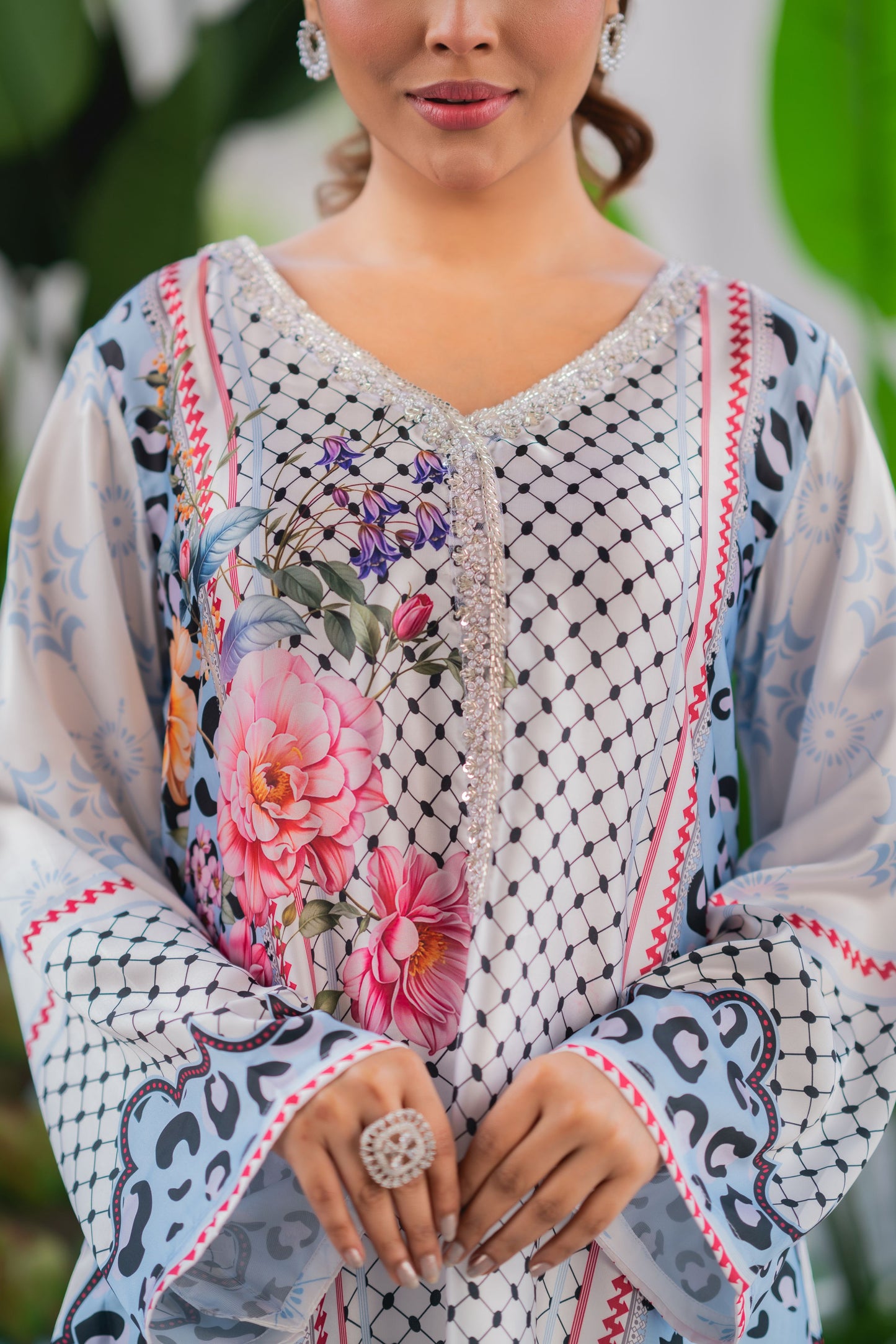 Ice Blue Floral Fusion  Long Kameez And Pant Set