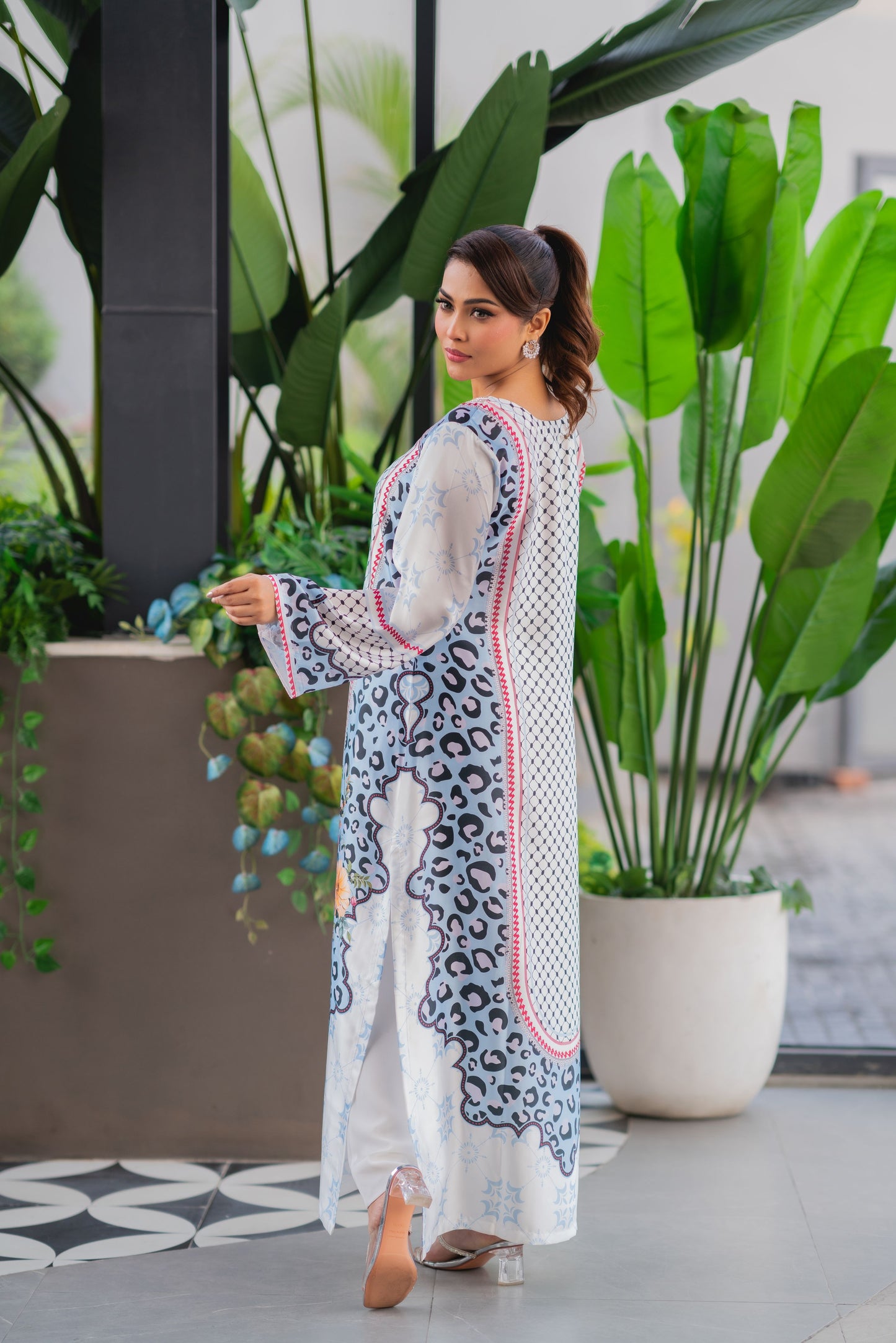 Ice Blue Floral Fusion  Long Kameez And Pant Set
