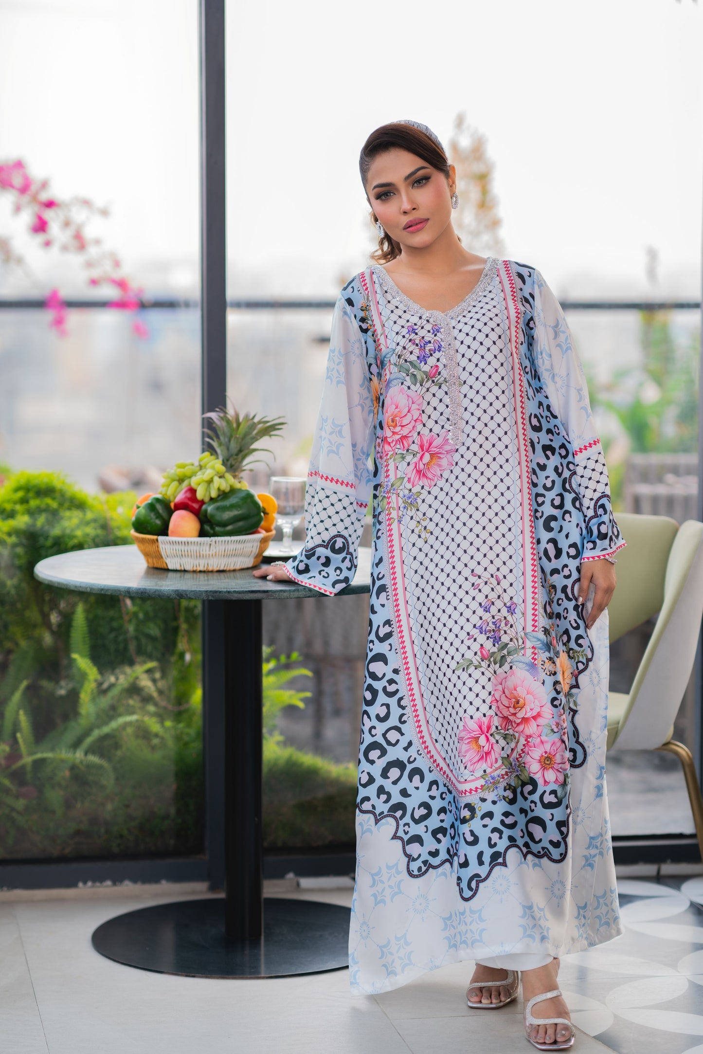 Ice Blue Floral Fusion  Long Kameez And Pant Set