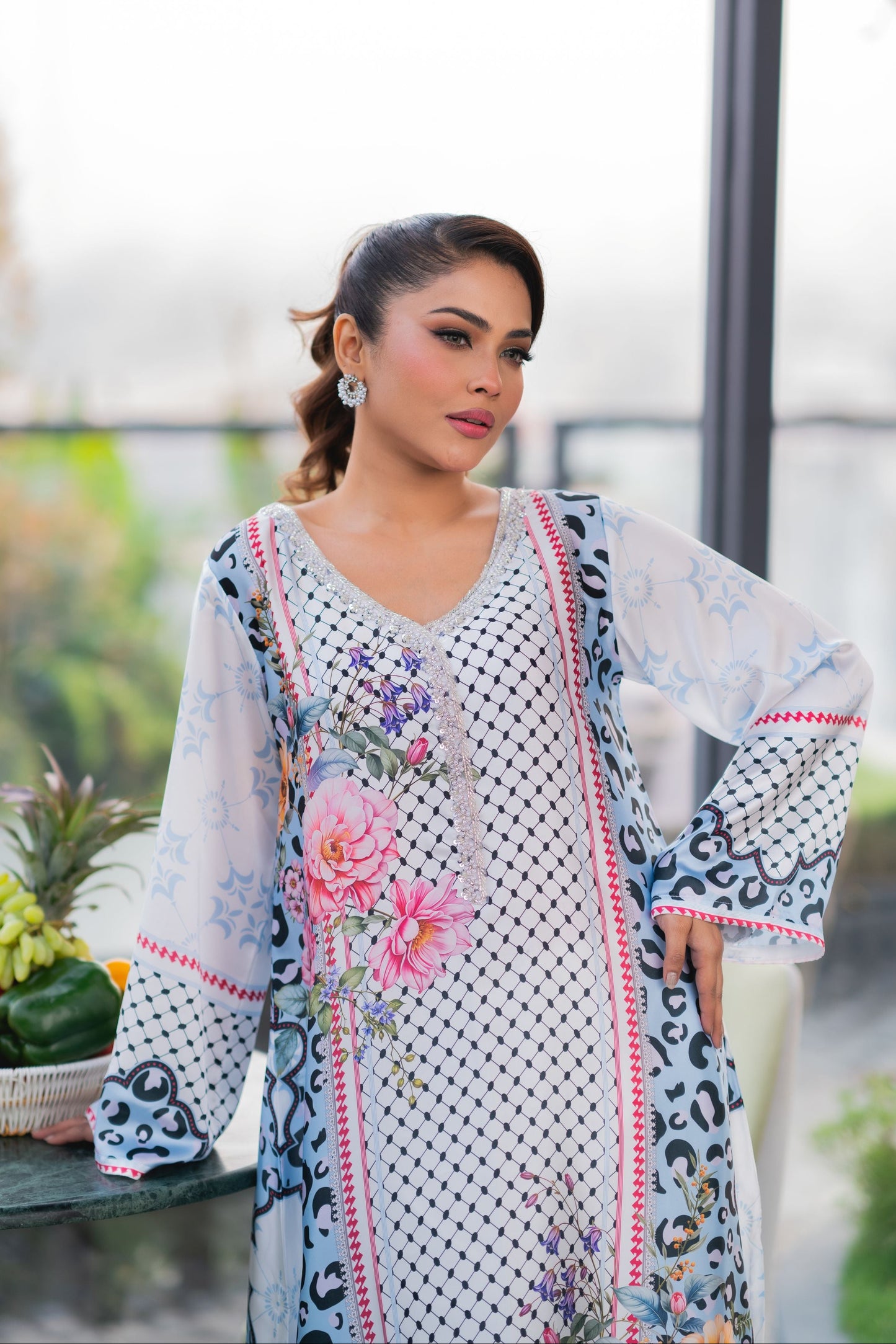 Ice Blue Floral Fusion  Long Kameez And Pant Set