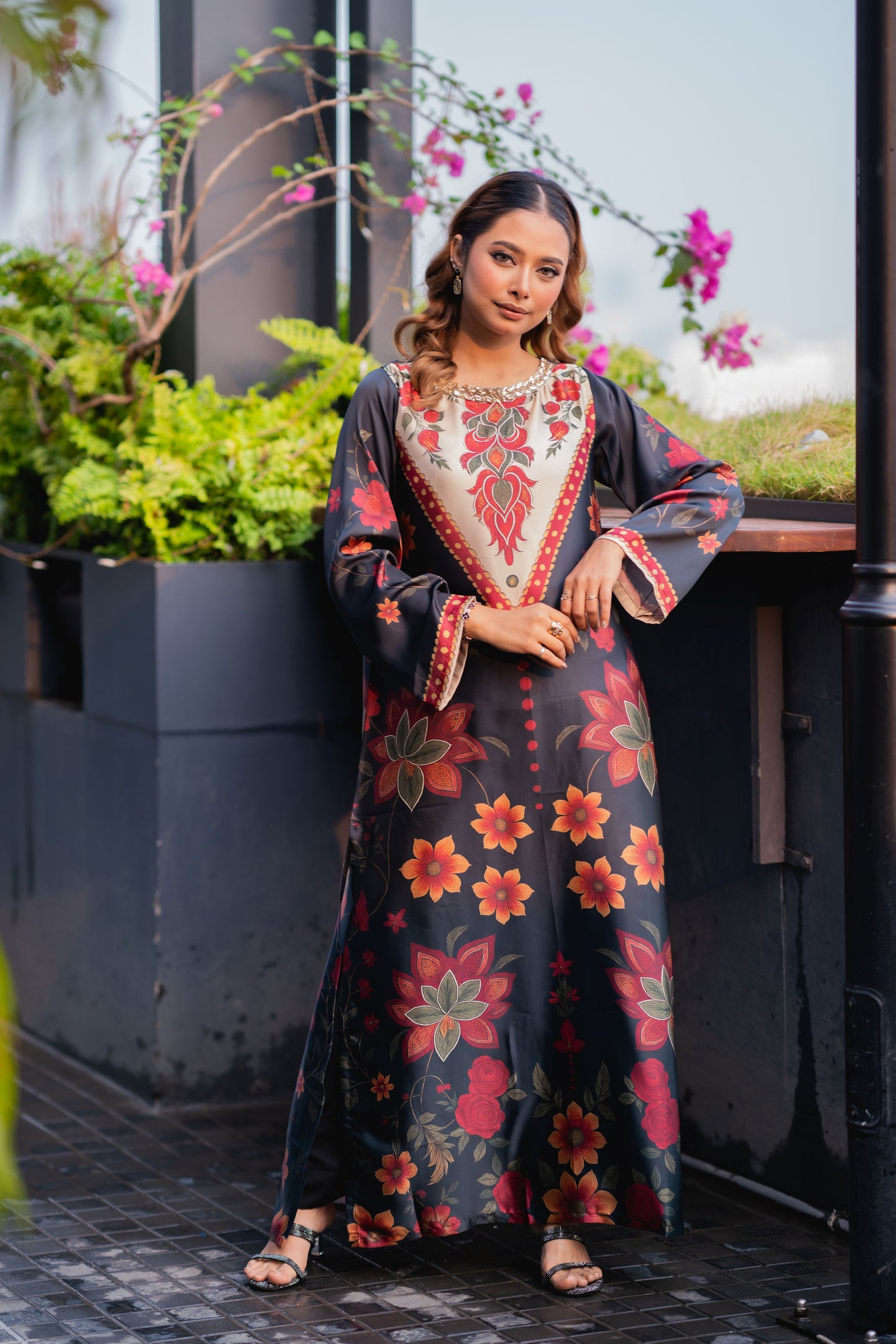 Midnight Bloom Printed Long Kameez And Pant Set