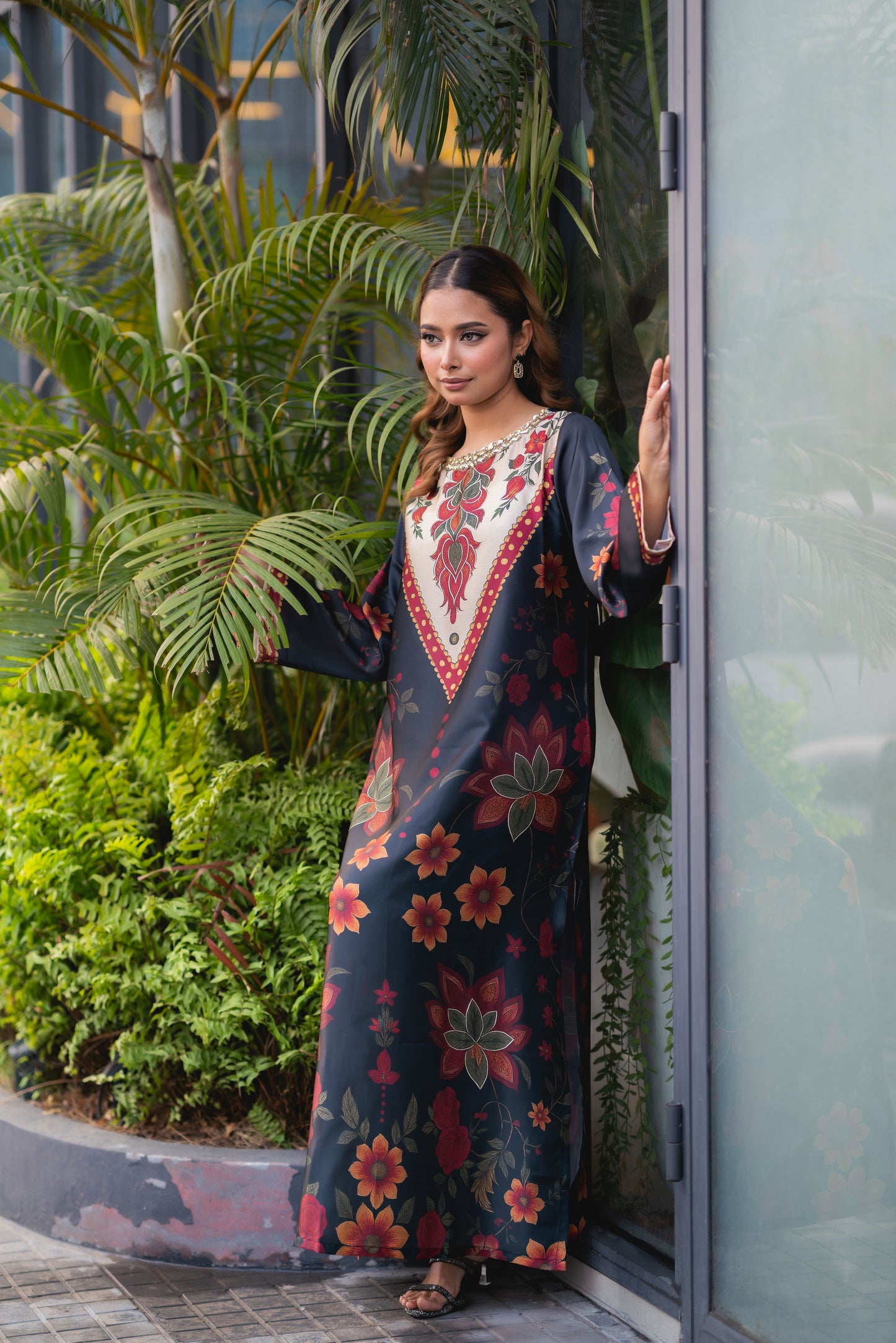 Midnight Bloom Printed Long Kameez And Pant Set