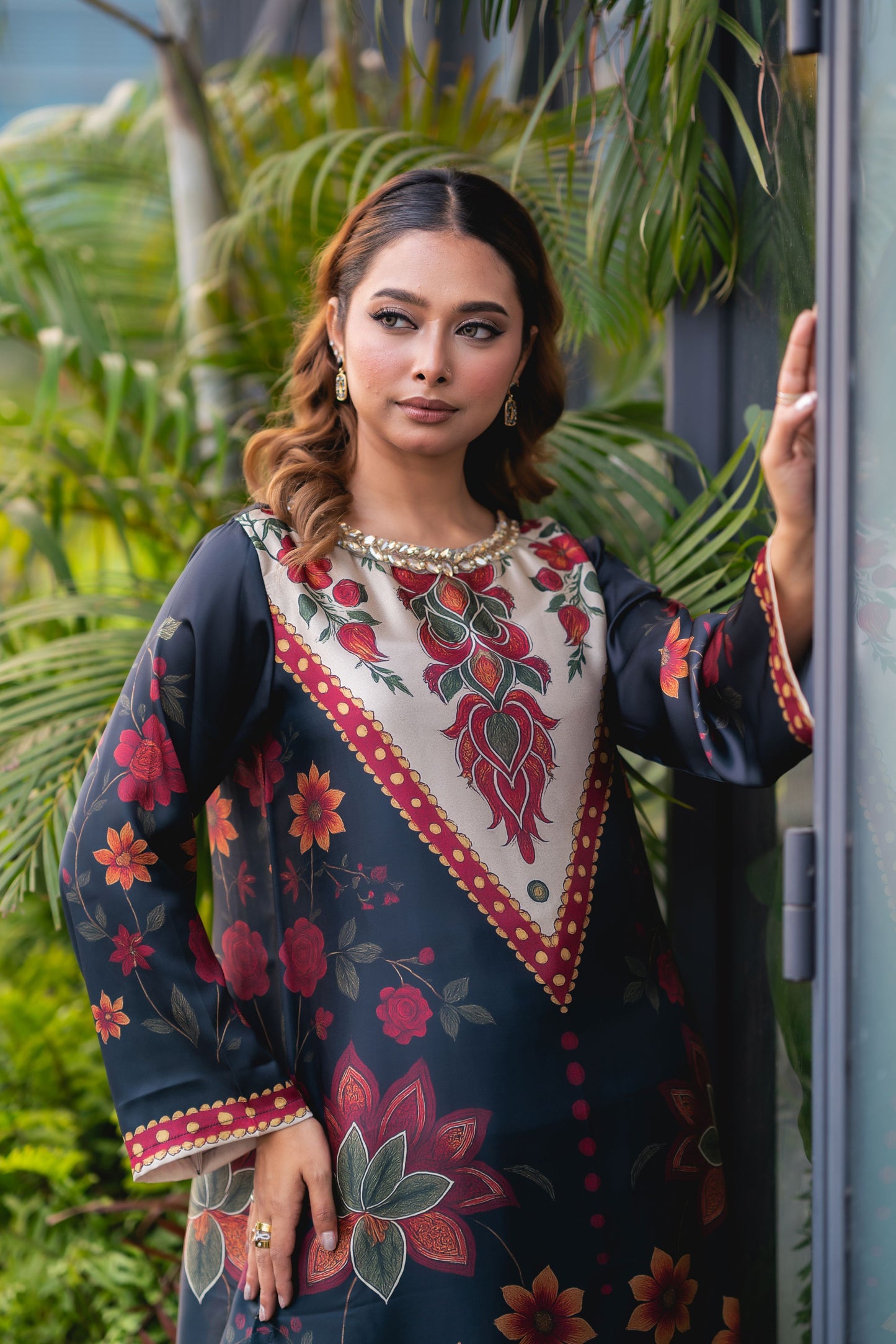 Midnight Bloom Printed Long Kameez And Pant Set