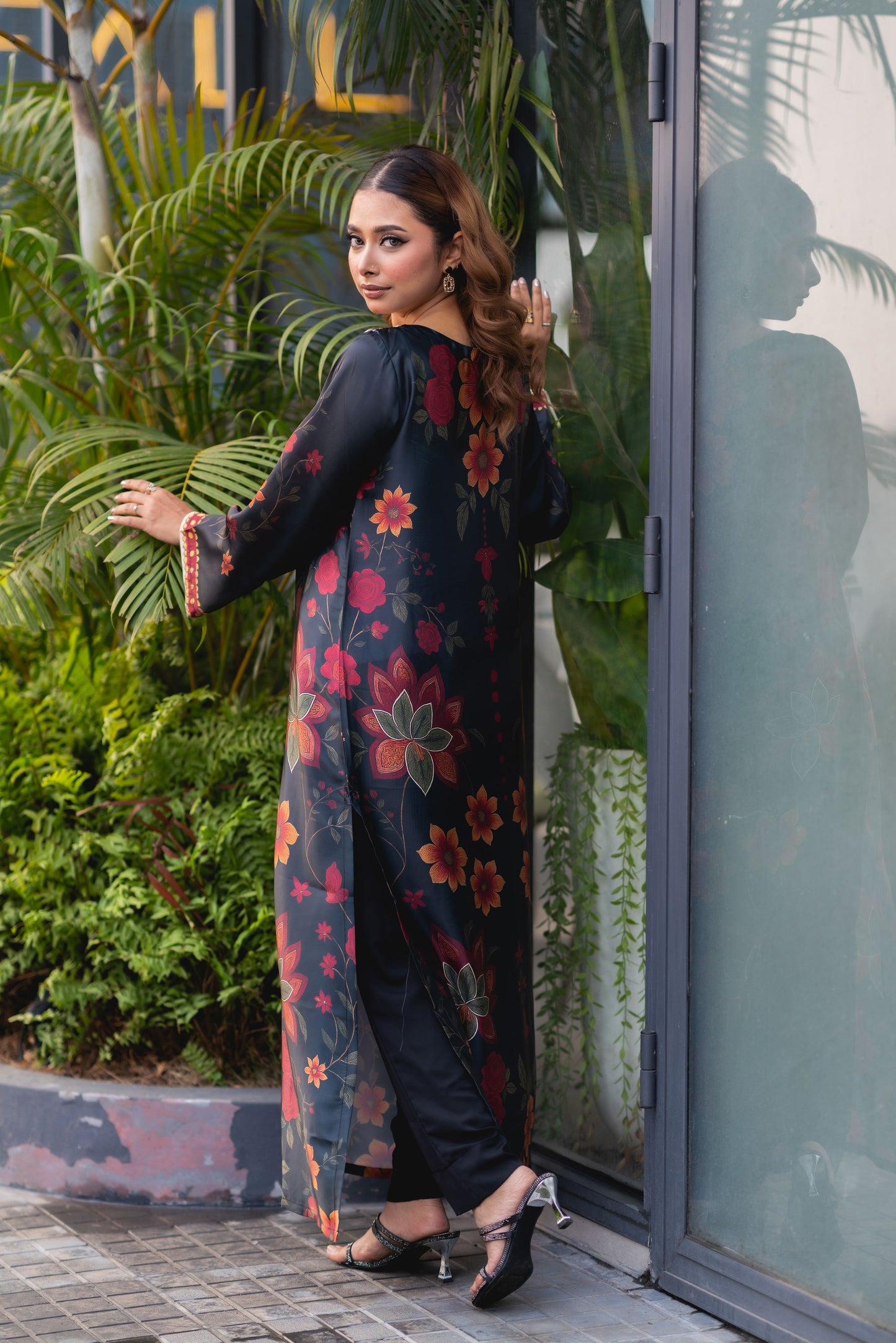 Midnight Bloom Printed Long Kameez And Pant Set