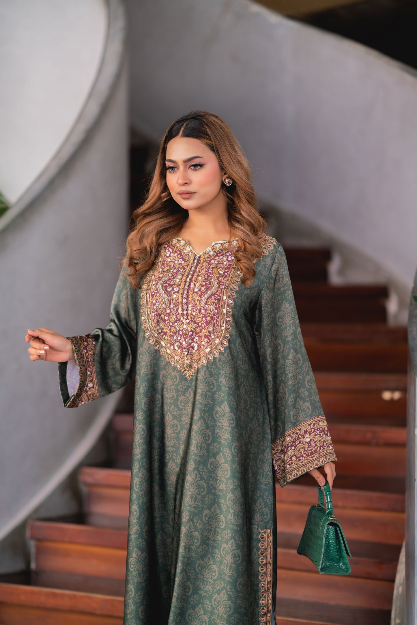 Emerald Heritage Printed Long Kameez And Pant Set