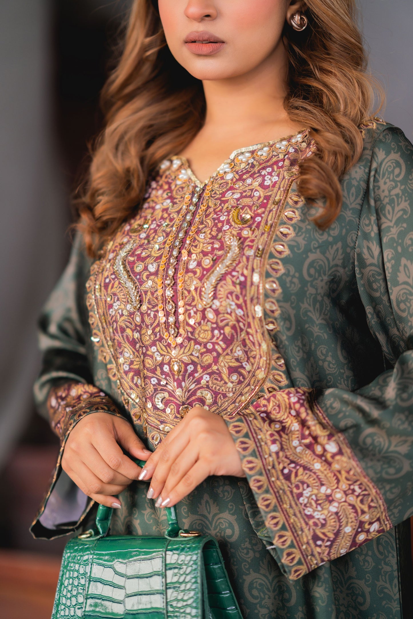 Emerald Heritage Printed Long Kameez And Pant Set