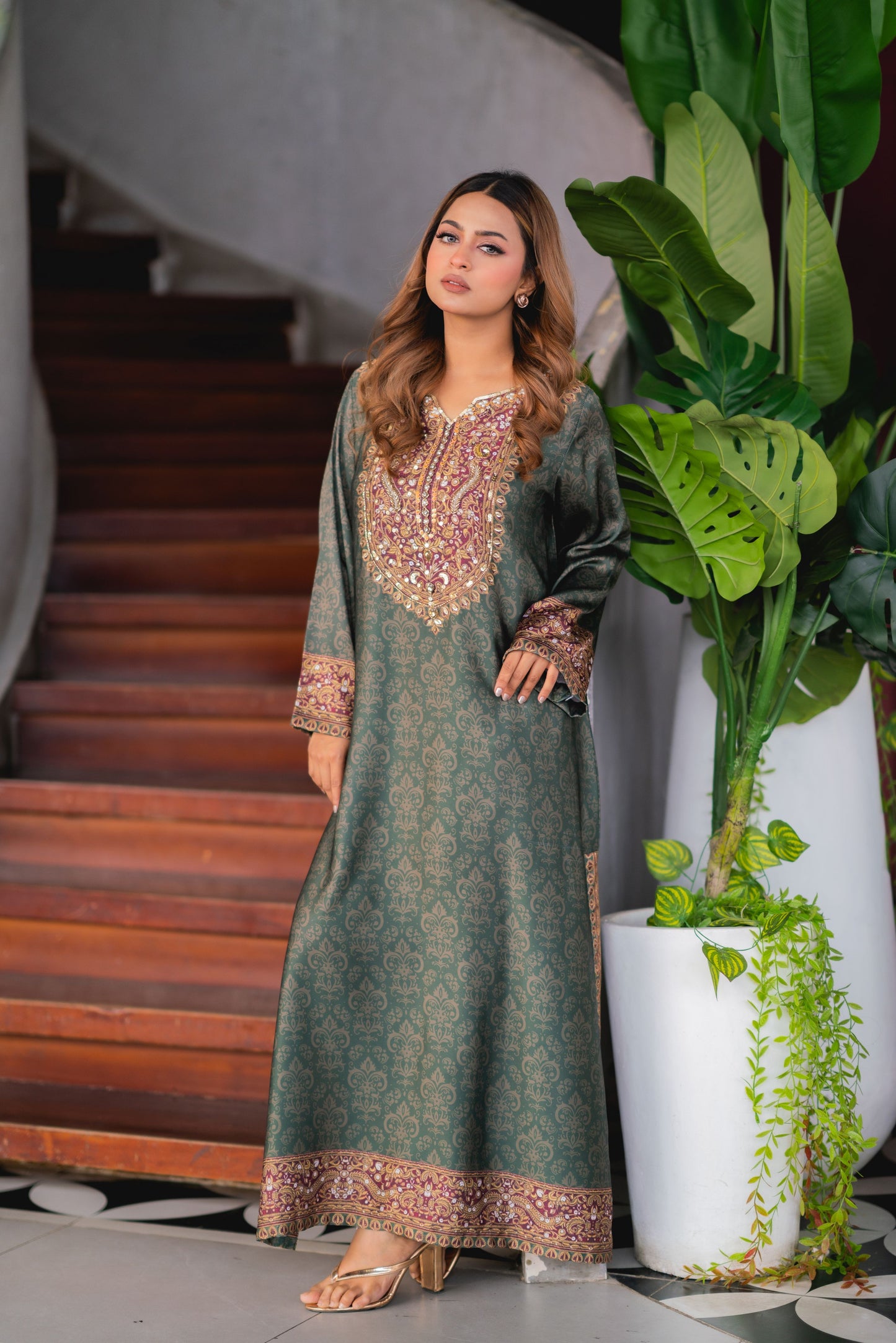 Emerald Heritage Printed Long Kameez And Pant Set