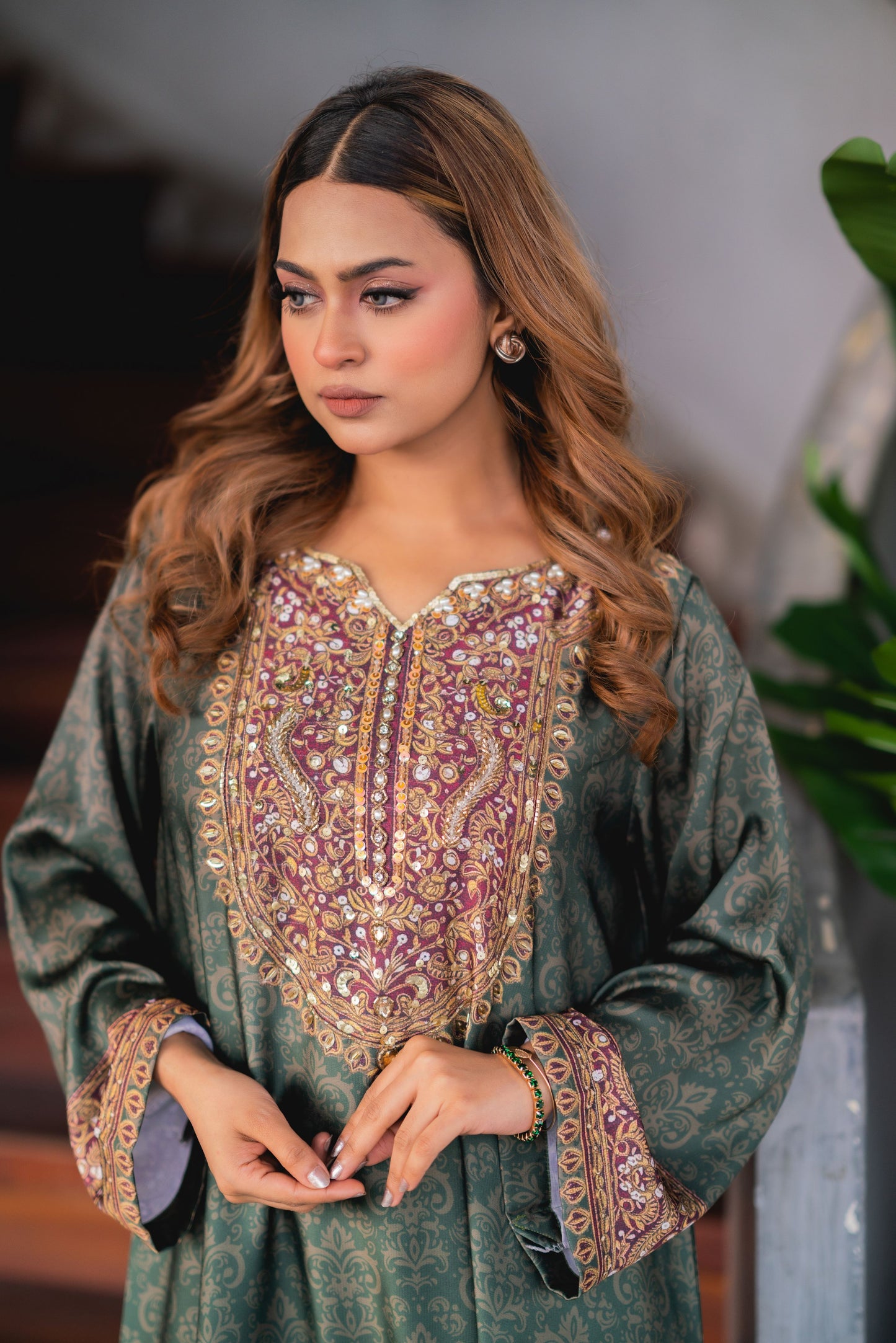 Emerald Heritage Printed Long Kameez And Pant Set