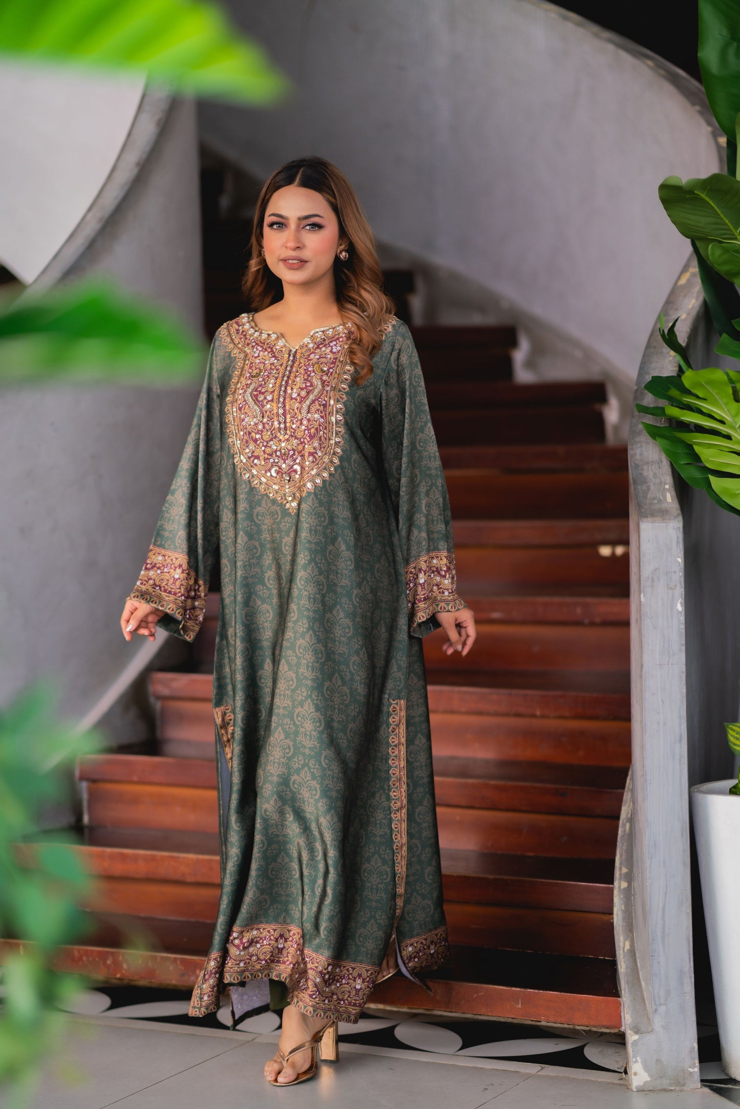 Emerald Heritage Printed Long Kameez And Pant Set