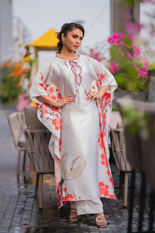 Elegant Floral White Kaftan And Pant Set