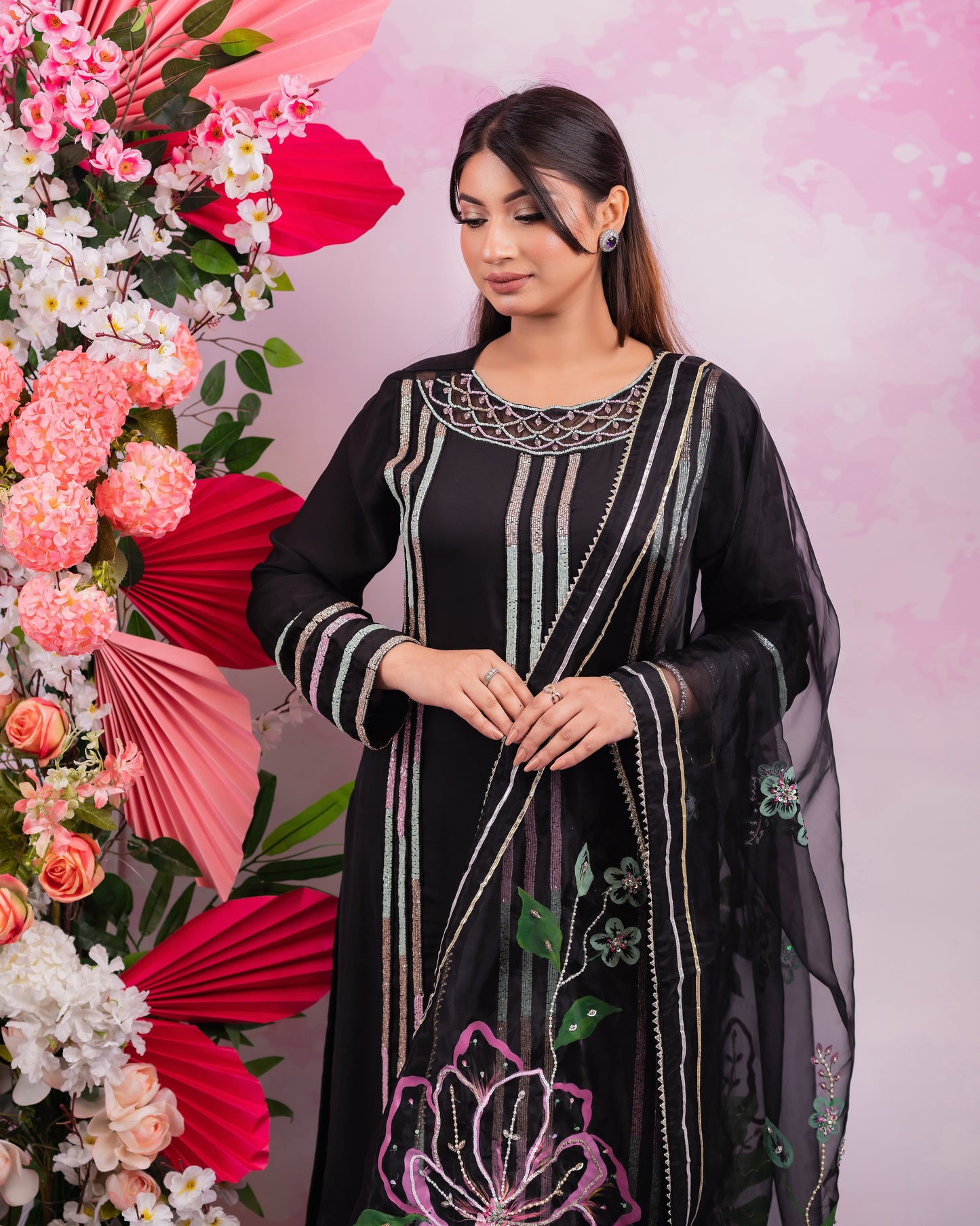 Black Hand painted Embroidered Dupatta