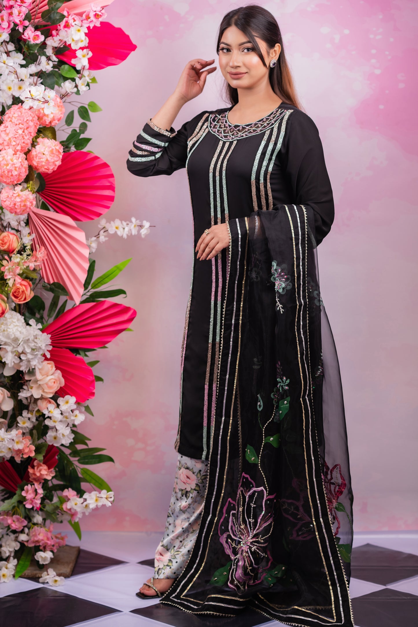 Midnight Blossom Kurti and Pant Set