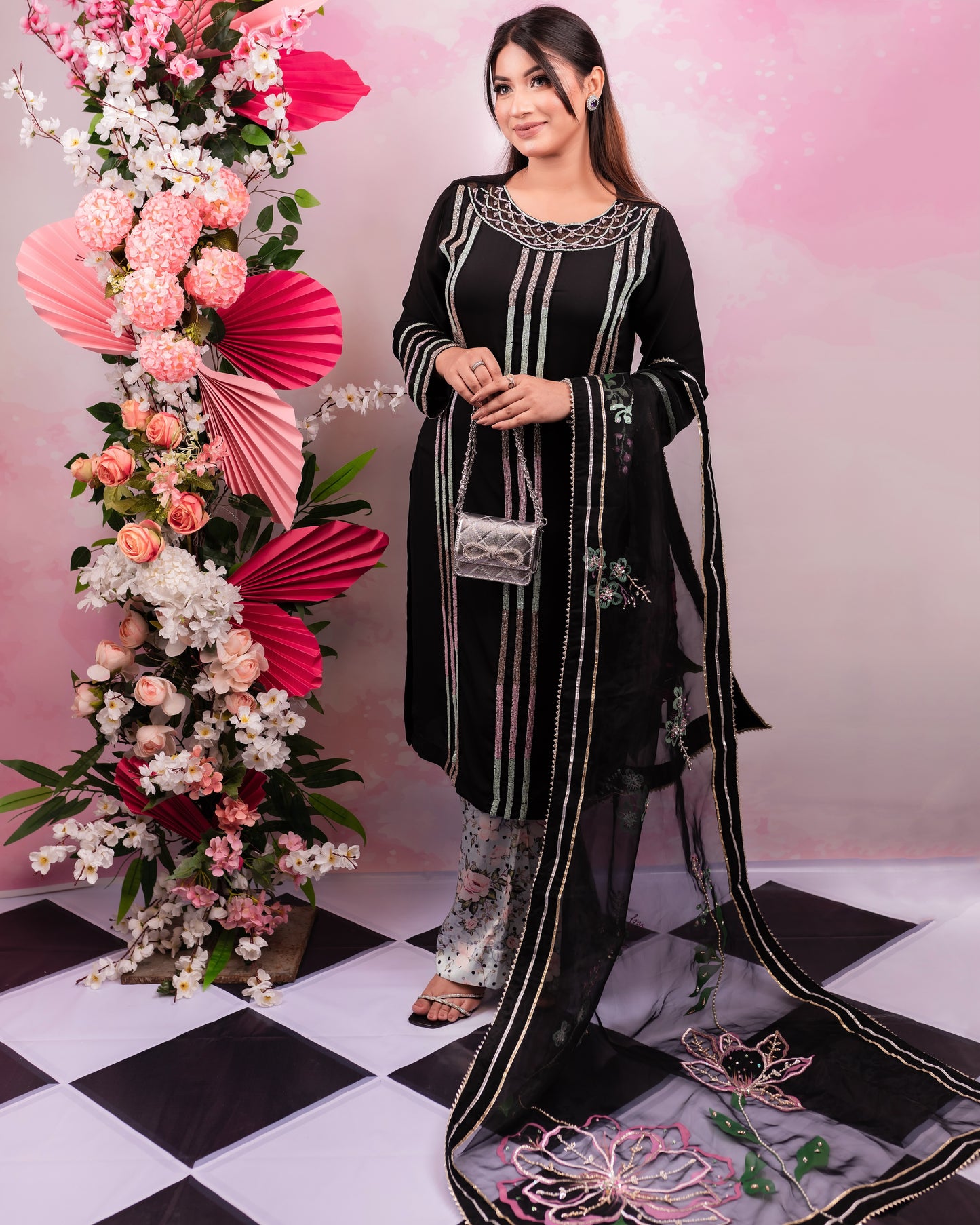 Midnight Blossom Kurti and Pant Set