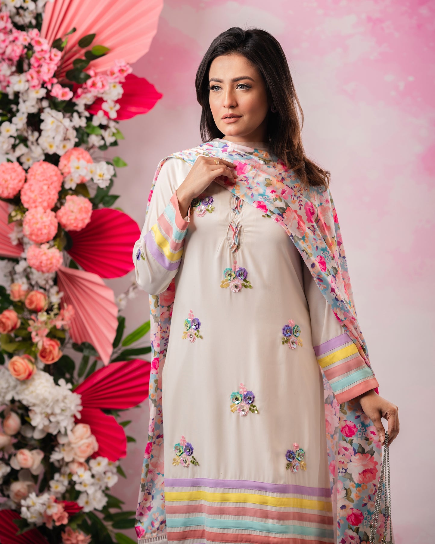 Pastel Bloom Embroidered Kurti & Dupatta Set