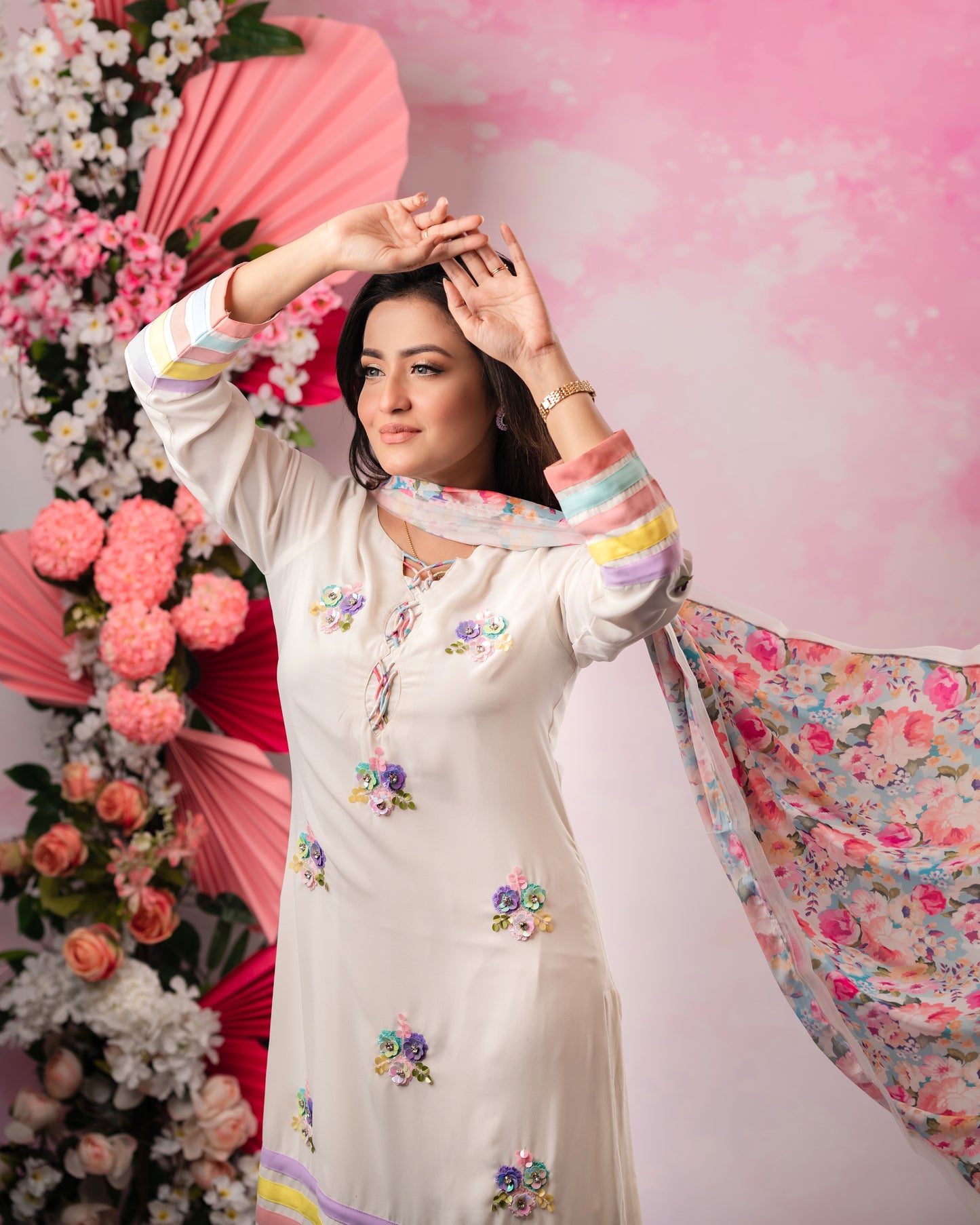 Pastel Bloom Embroidered Kurti & Dupatta Set