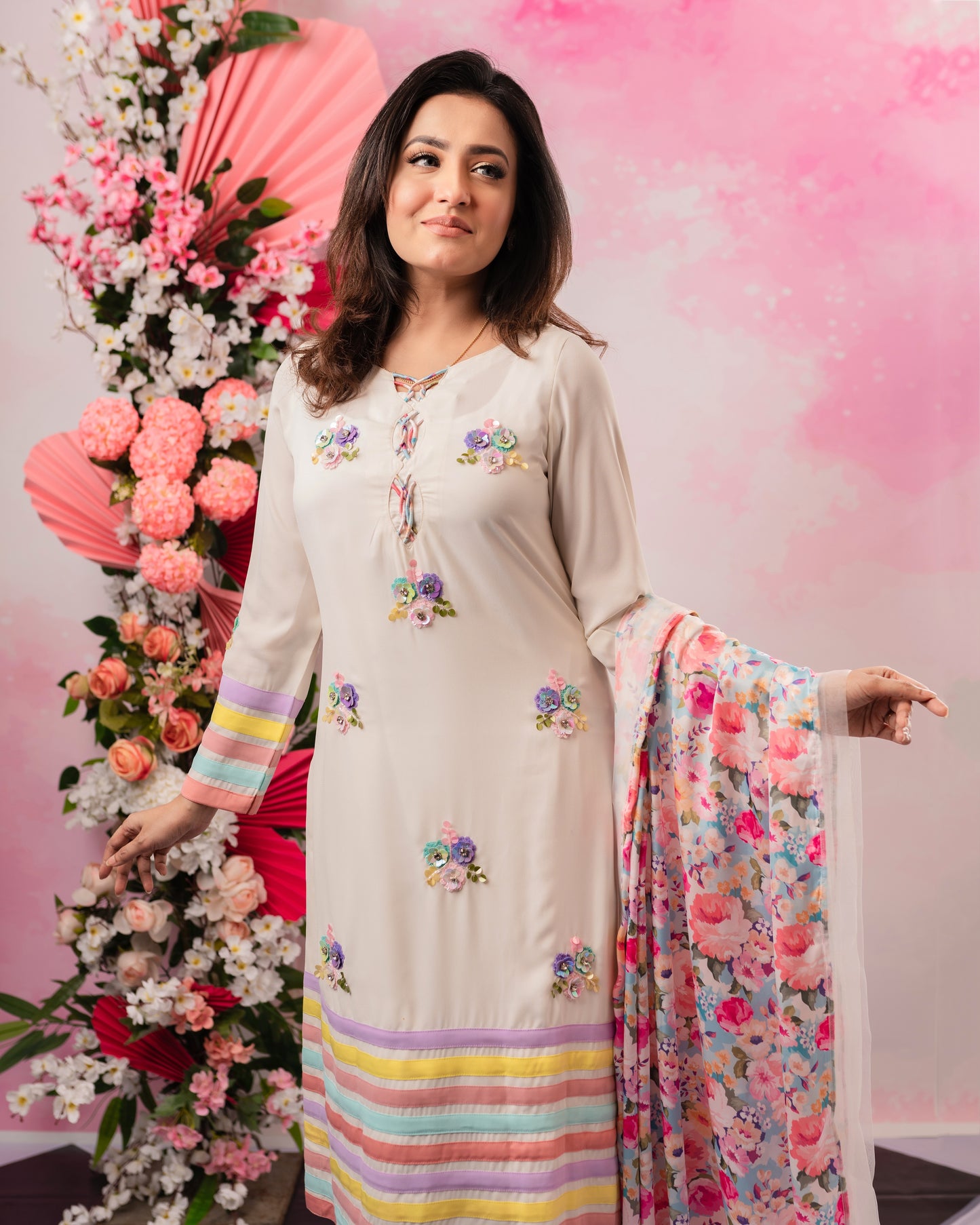 Pastel Bloom Embroidered Kurti & Dupatta Set