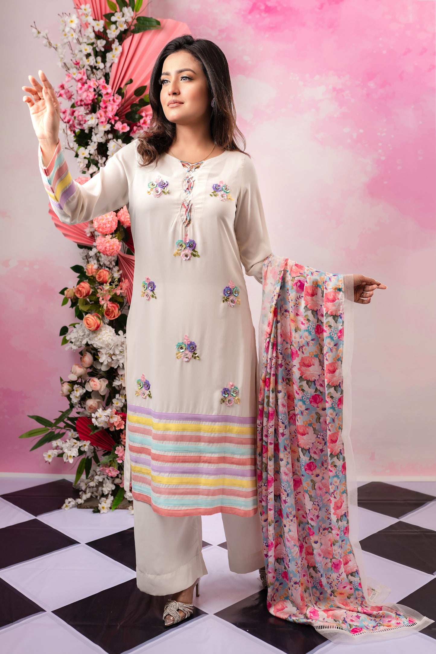 Pastel Bloom Embroidered Kurti & Dupatta Set