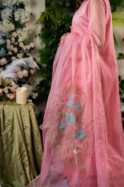 Blush Pink Embroidered Organza Dupatta
