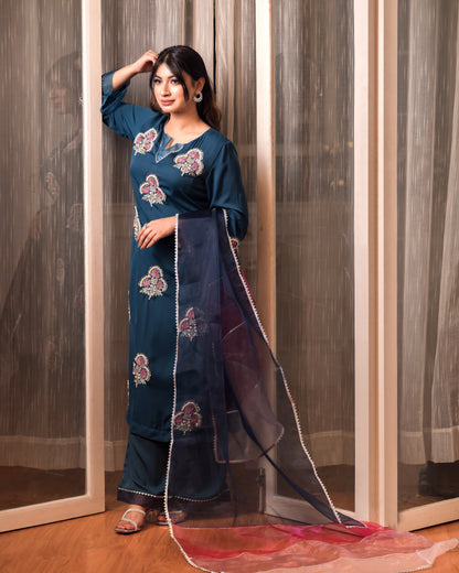 Teal Blue Embroidered Kurti