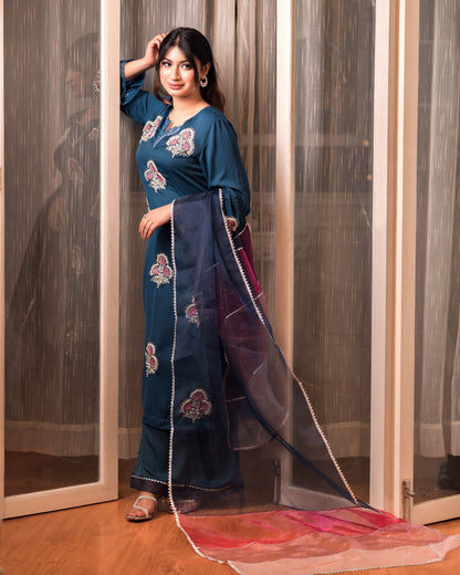 Teal Blue Embroidered Kurti
