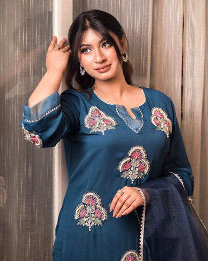 Teal Blue Embroidered Kurti