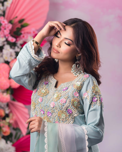 Elegant Sky Blue Embroidered Kurti
