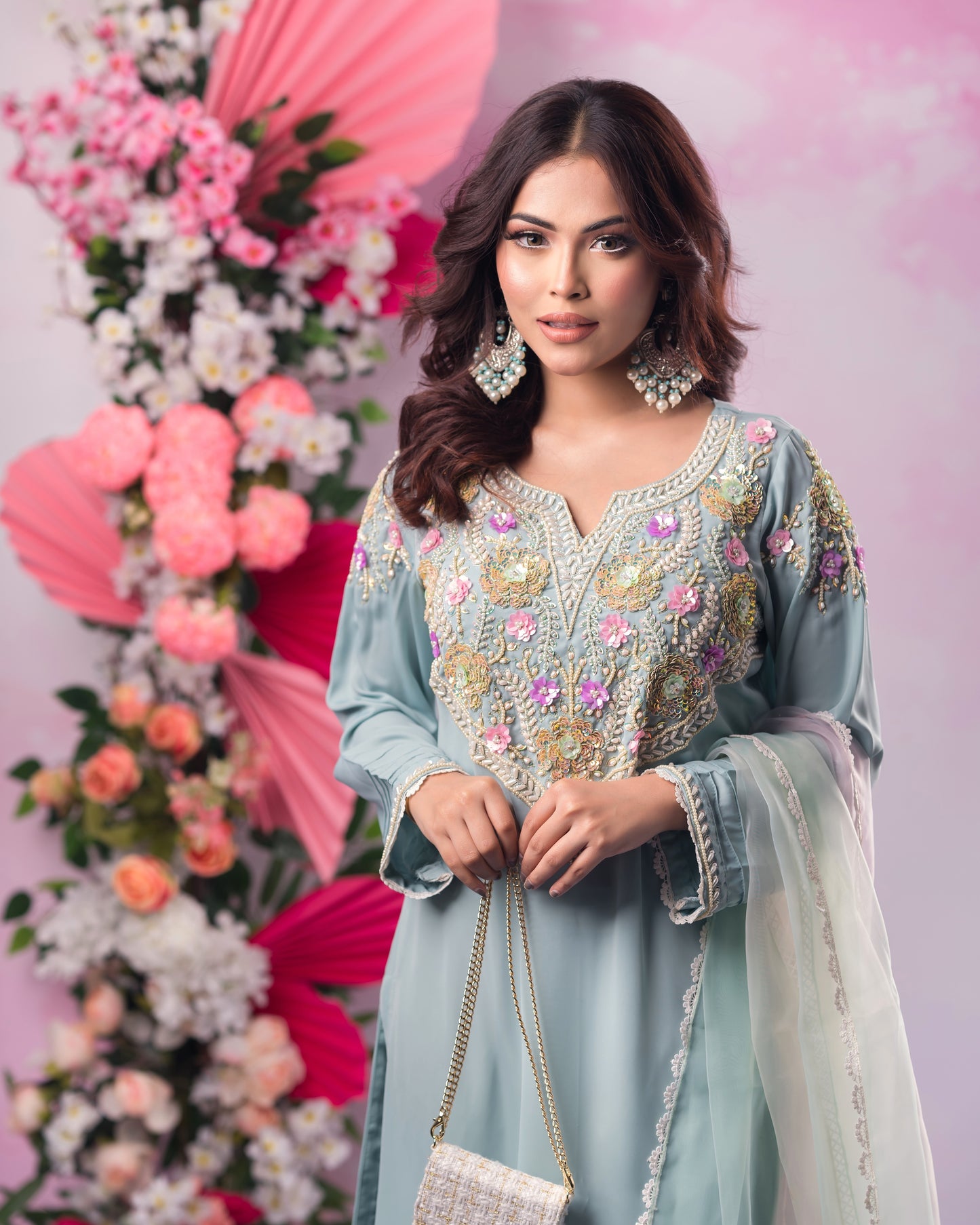 Elegant Sky Blue Embroidered Kurti