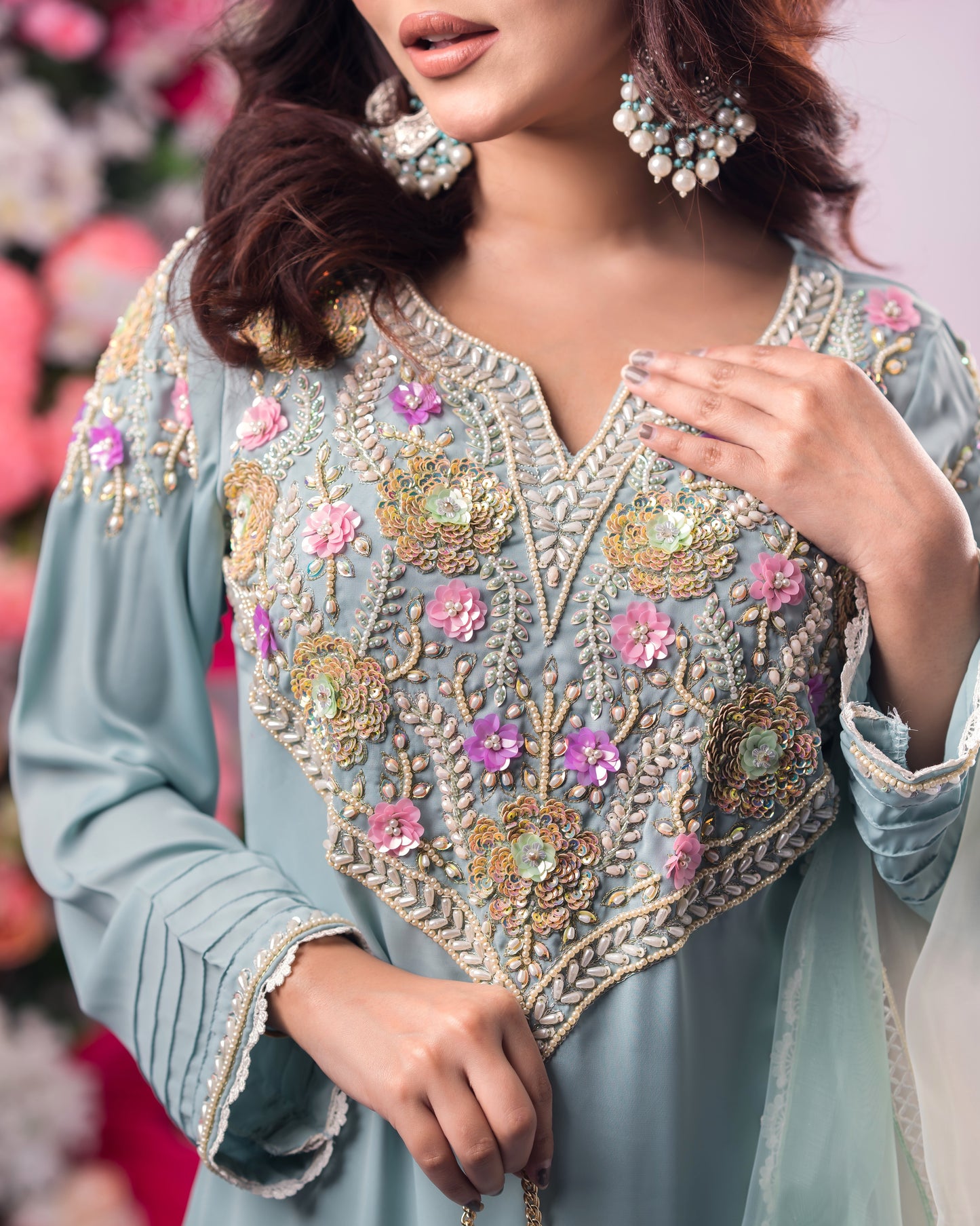 Elegant Sky Blue Embroidered Kurti