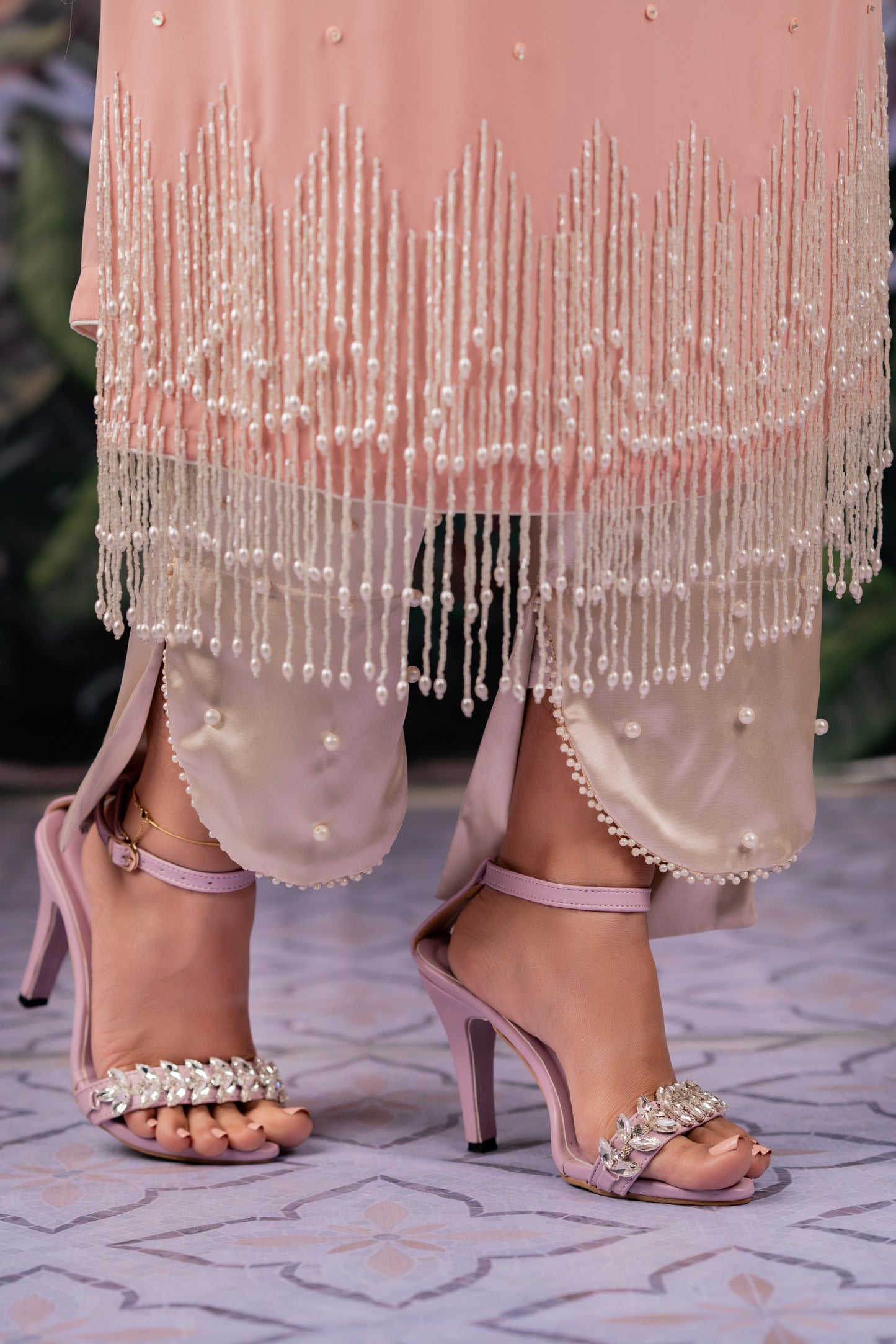 Cream Satin Pants with Pearl Border