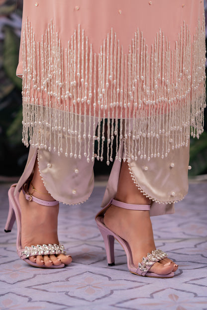 Cream Satin Pants with Pearl Border